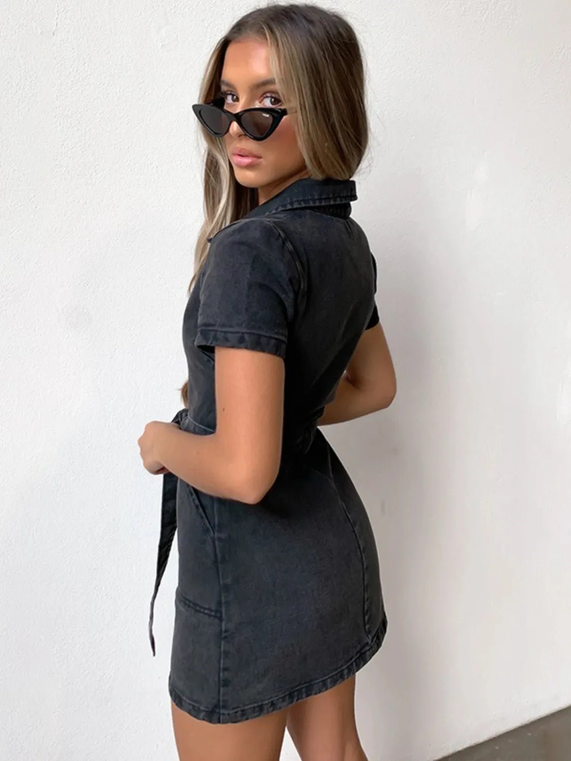 Full Size Zip Front Short Sleeve Denim Dress Plus Size - Crowned Energy CO.