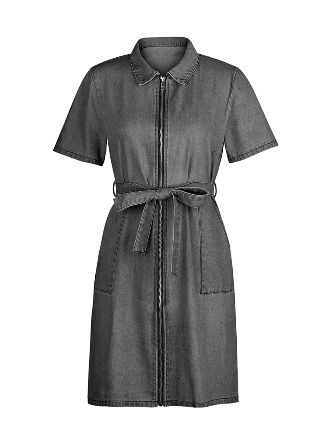 Full Size Zip Front Short Sleeve Denim Dress Plus Size - Crowned Energy CO.