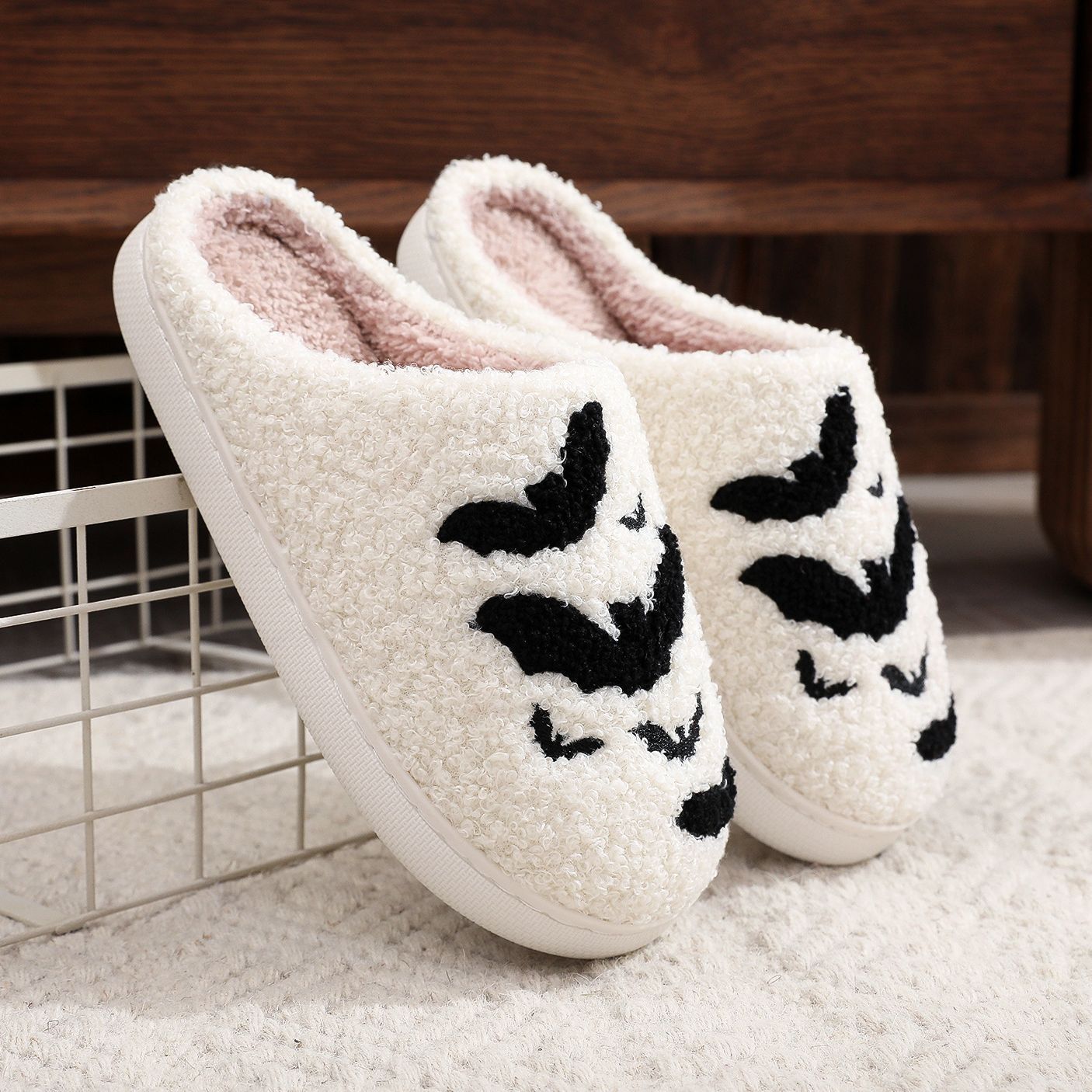 Crowned Energy CO. White Bat / 36to37 Goddess Vibes slippers Funny Bat Slipper Halloween Pumpkin Flat Indoor House Shoes