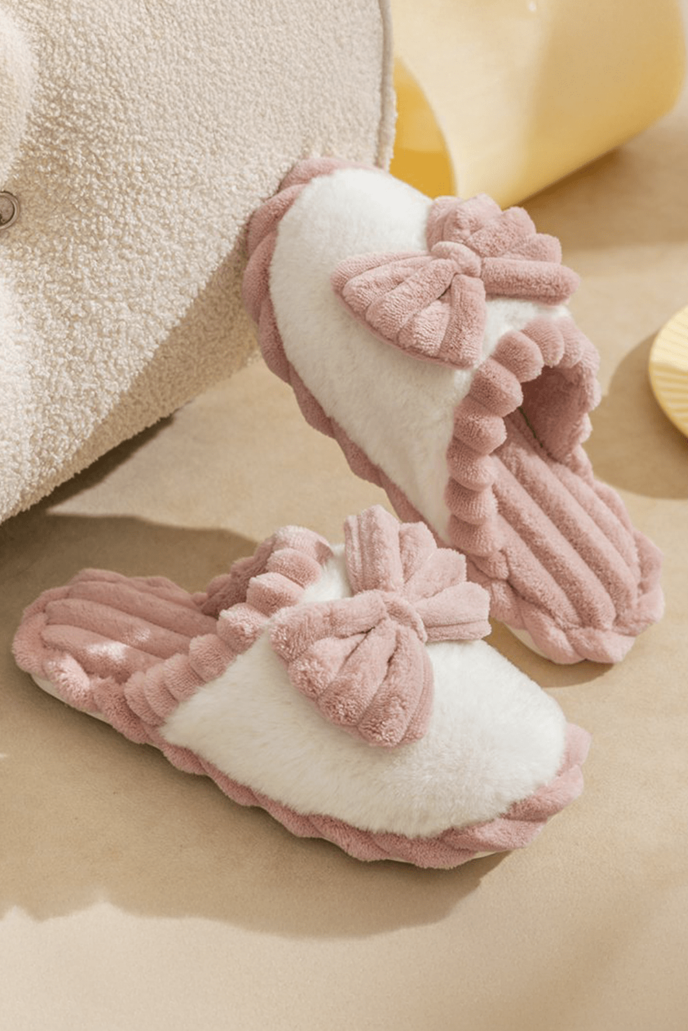 Fushia Bow Decor Color Block Ribbed Plush Slippers - Crowned Energy CO.