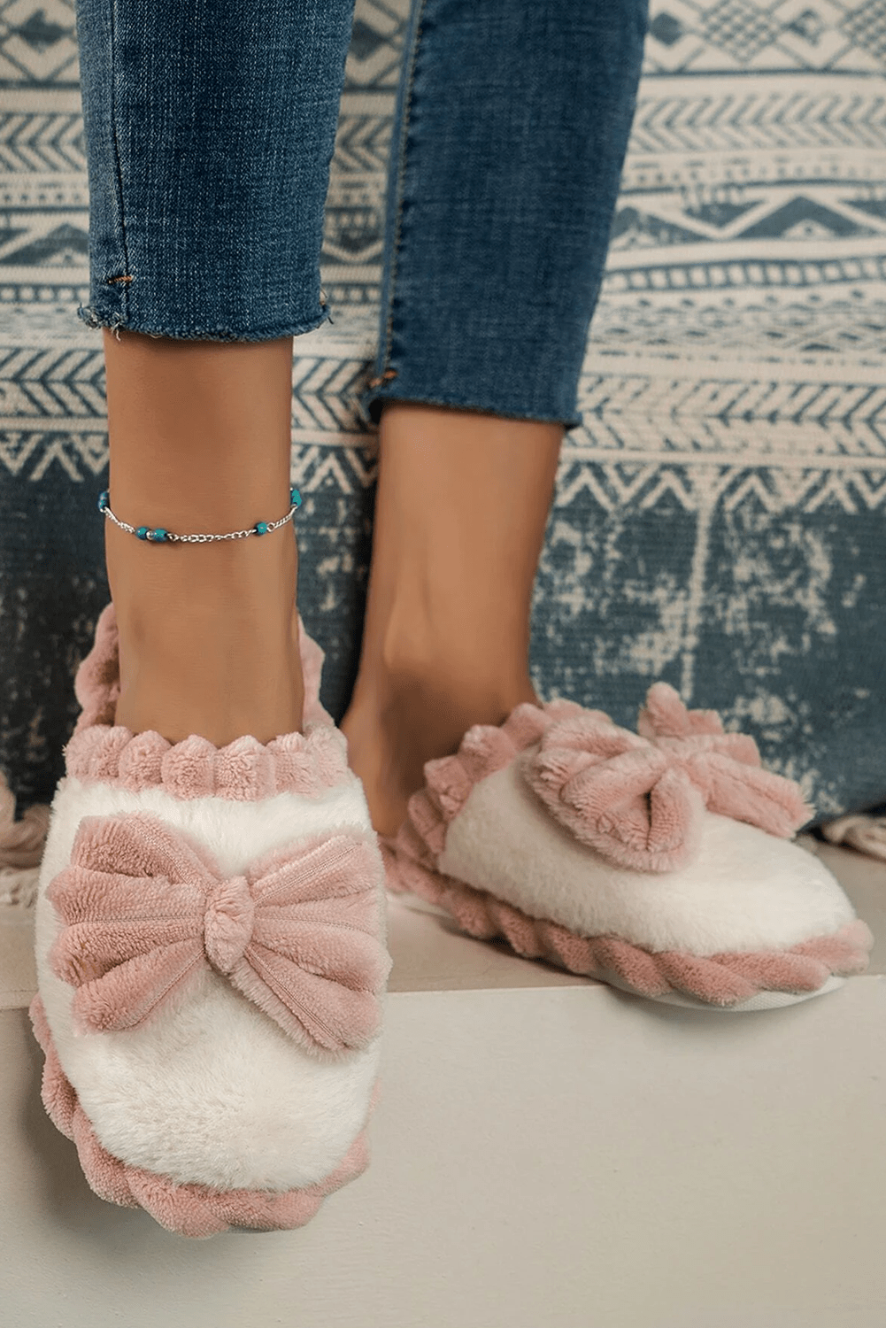 Fushia Bow Decor Color Block Ribbed Plush Slippers - Crowned Energy CO.