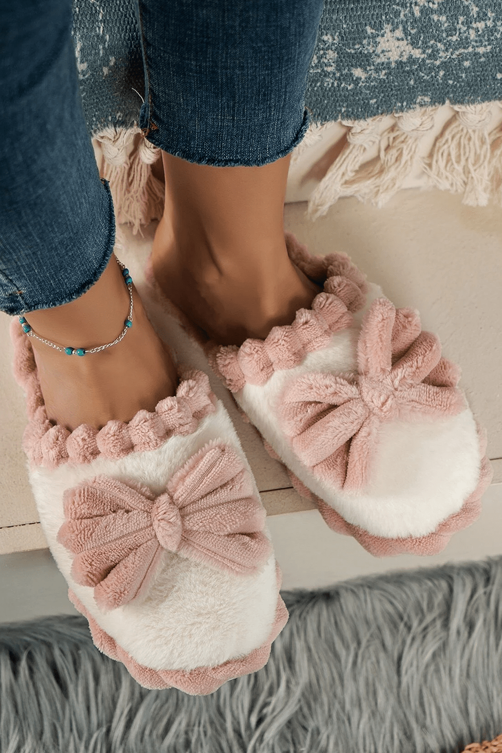 Fushia Bow Decor Color Block Ribbed Plush Slippers - Crowned Energy CO.