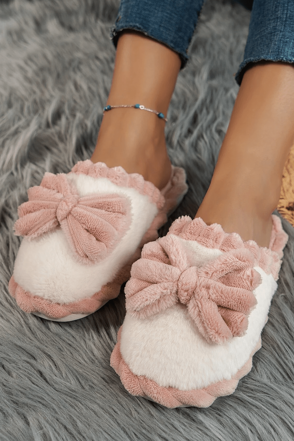Fushia Bow Decor Color Block Ribbed Plush Slippers - Crowned Energy CO.