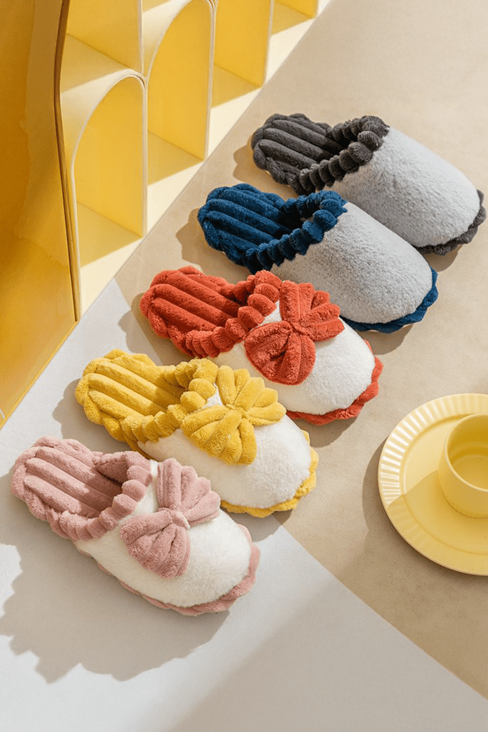 Fushia Bow Decor Color Block Ribbed Plush Slippers - Crowned Energy CO.
