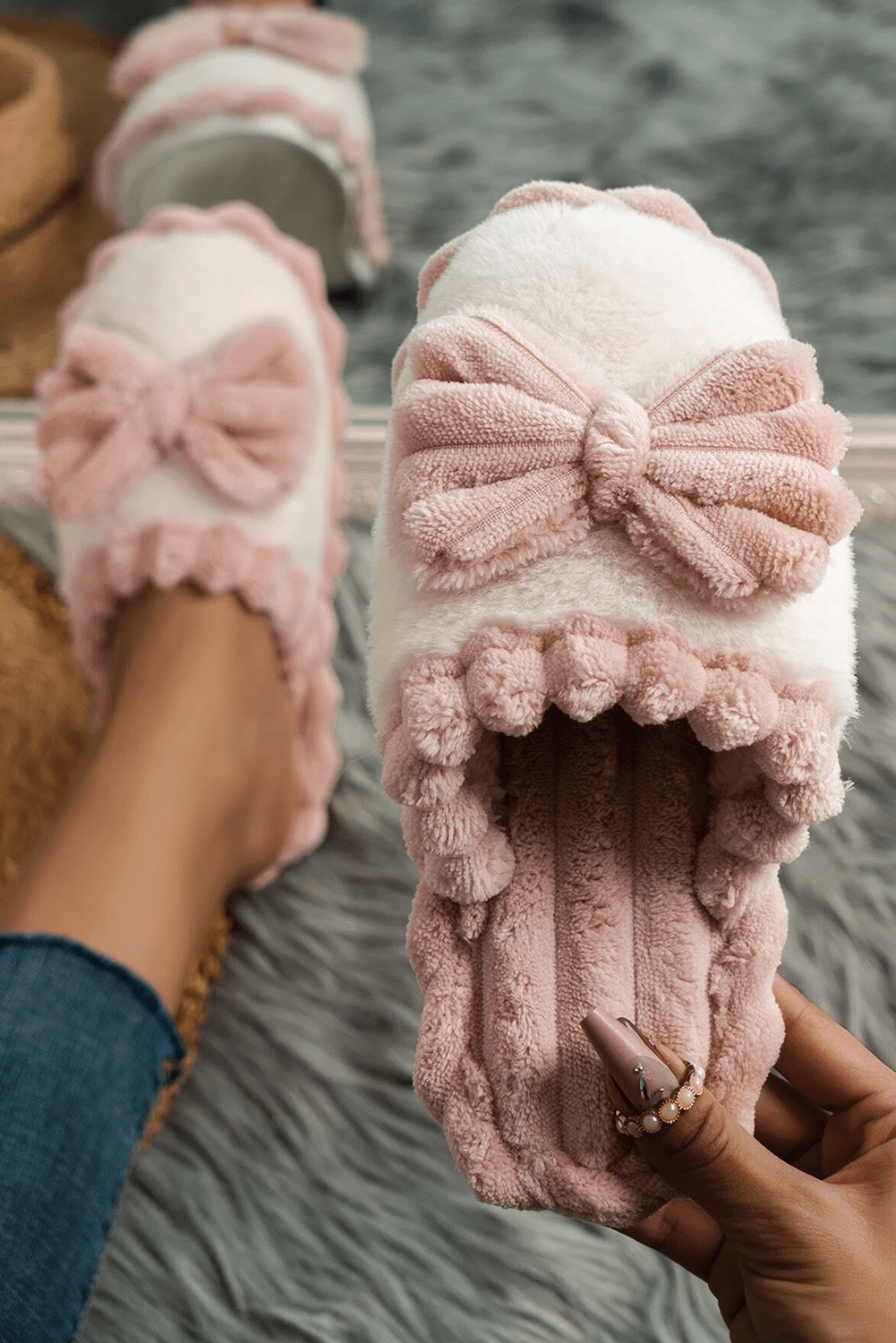 Fushia Bow Decor Color Block Ribbed Plush Slippers - Crowned Energy CO.