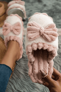 Fushia Bow Decor Color Block Ribbed Plush Slippers - Crowned Energy CO.