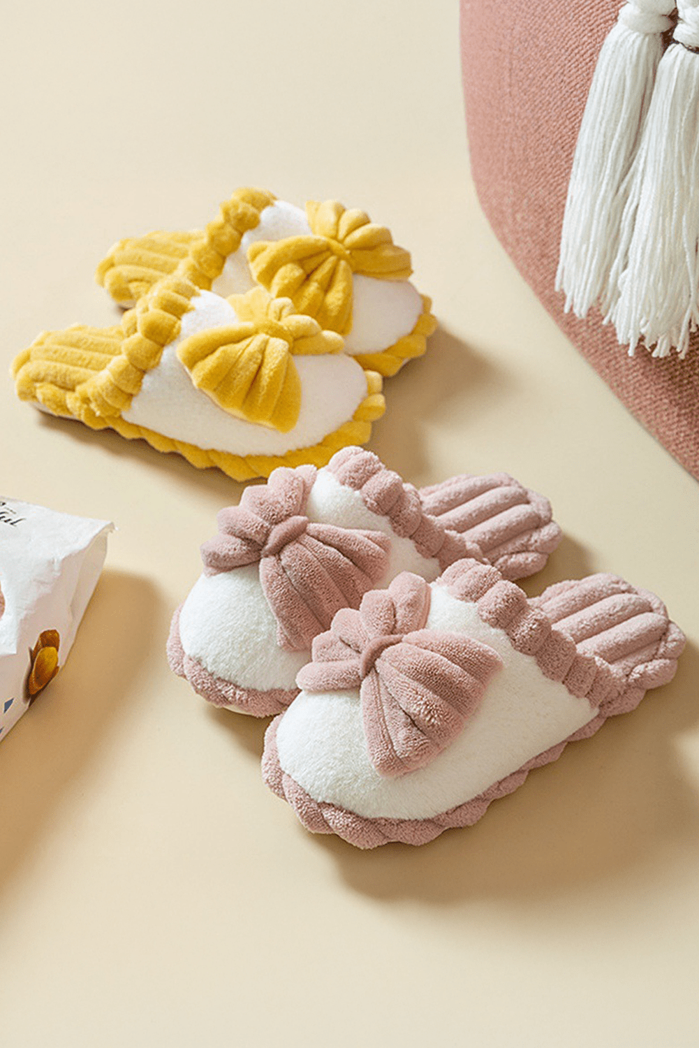 Fushia Bow Decor Color Block Ribbed Plush Slippers - Crowned Energy CO.