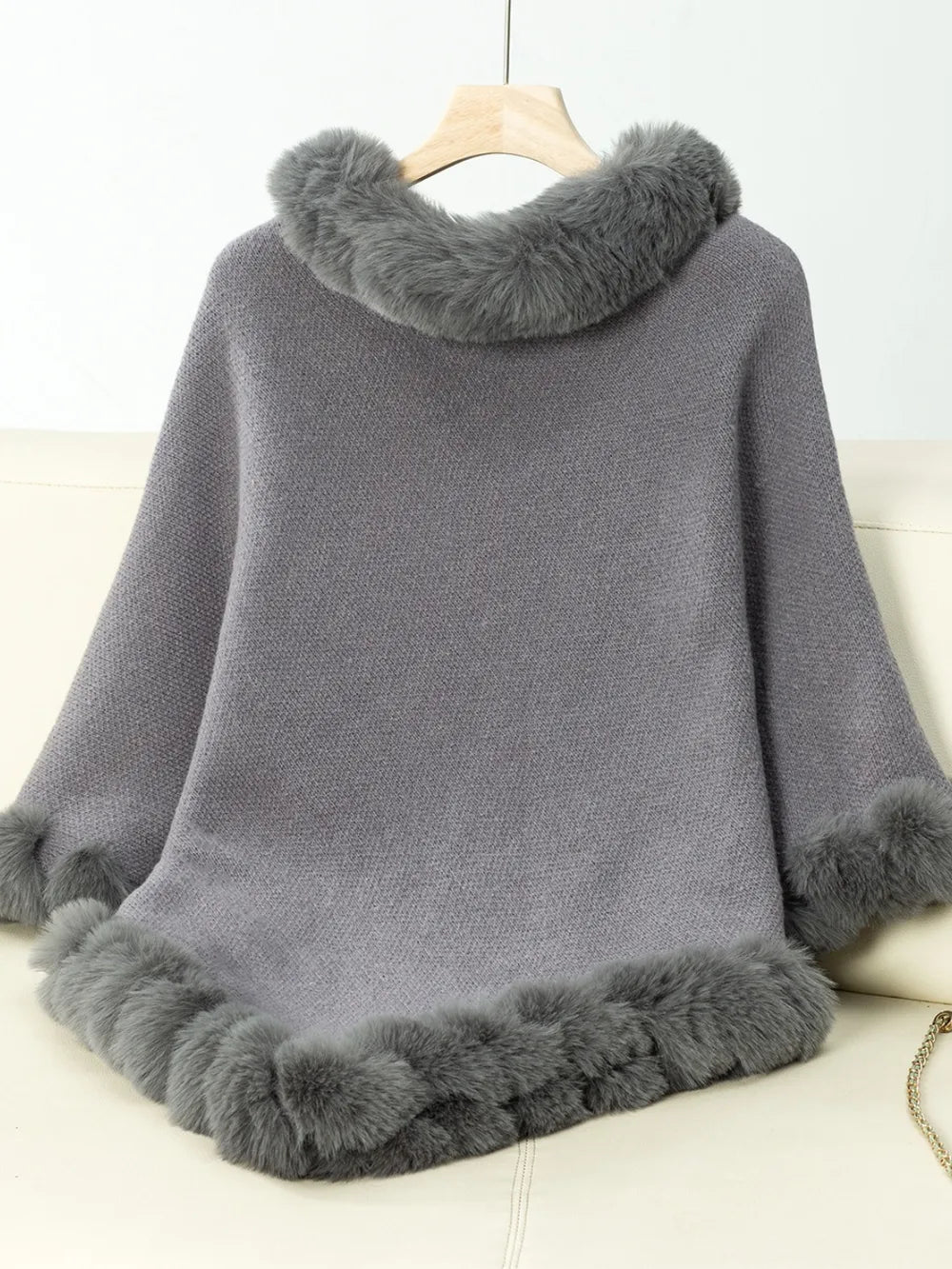 Fuzzy Trim Texture Three - Quarter Sleeve Poncho - Crowned Energy CO.