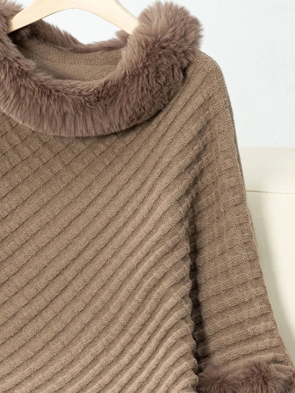 Fuzzy Trim Texture Three - Quarter Sleeve Poncho - Crowned Energy CO.