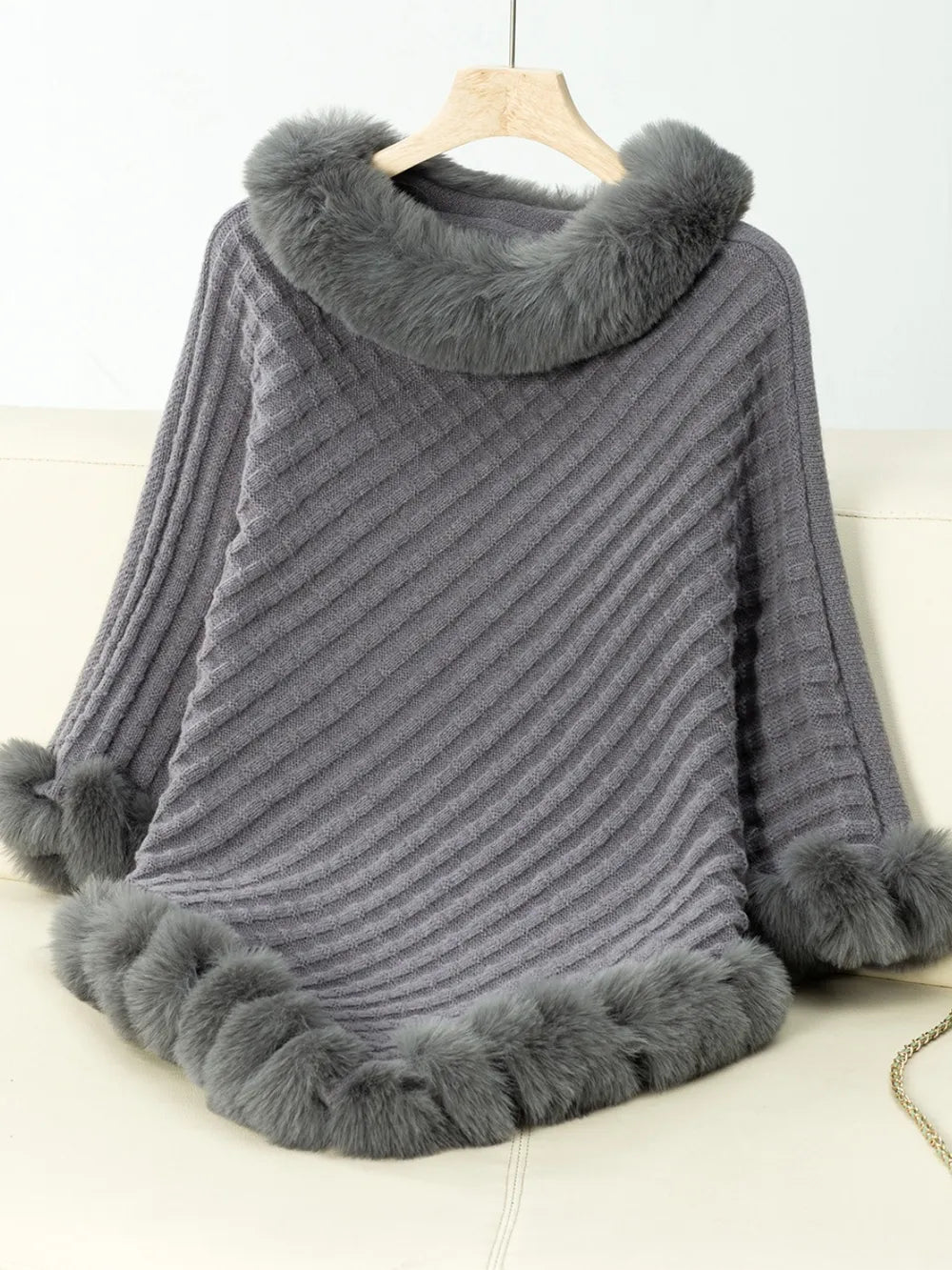 Fuzzy Trim Texture Three - Quarter Sleeve Poncho - Crowned Energy CO.
