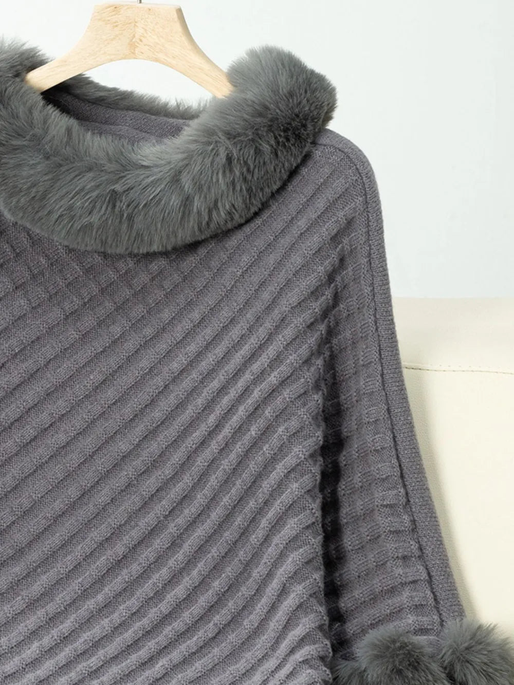 Fuzzy Trim Texture Three - Quarter Sleeve Poncho - Crowned Energy CO.