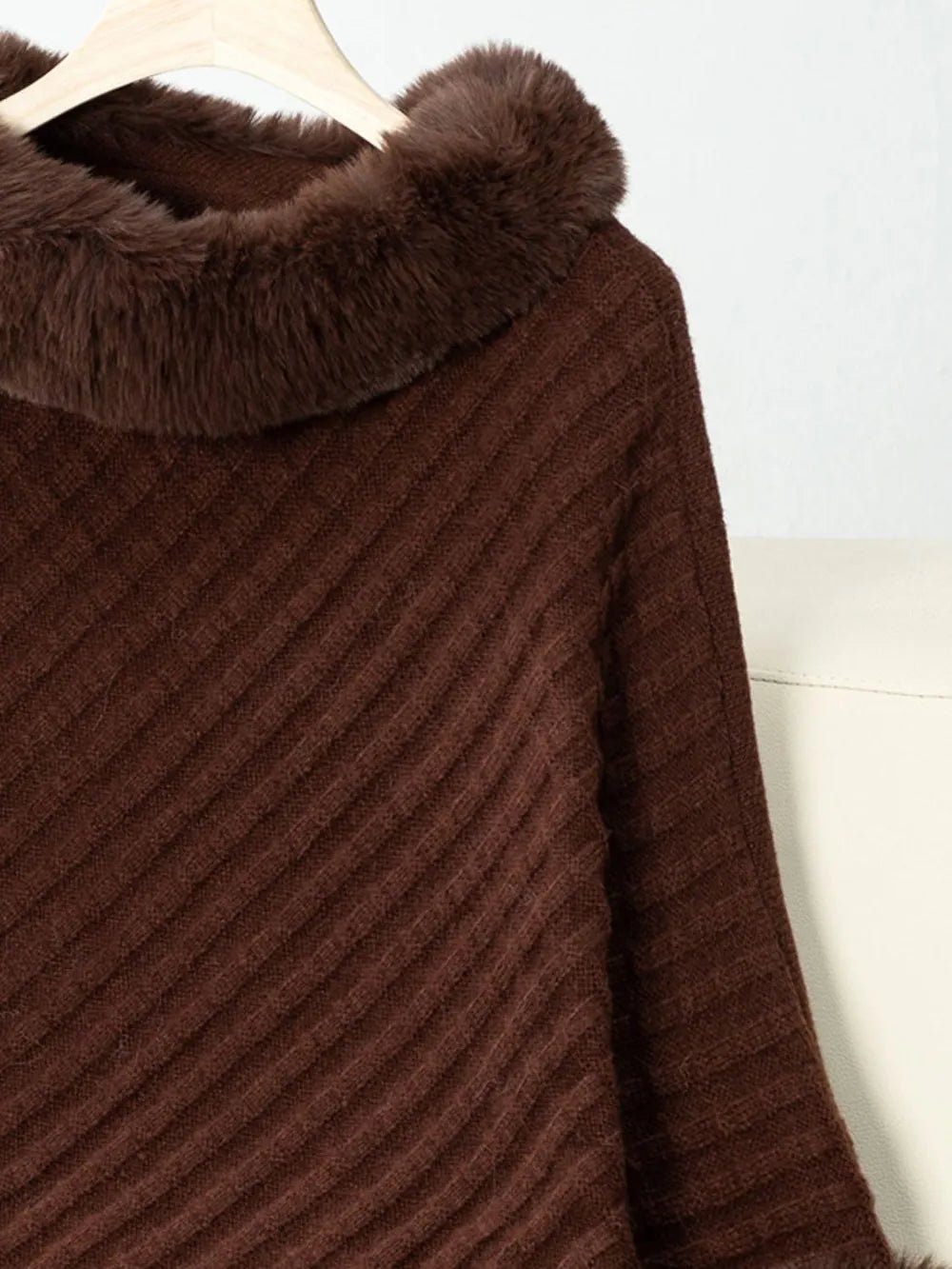 Fuzzy Trim Texture Three - Quarter Sleeve Poncho - Crowned Energy CO.