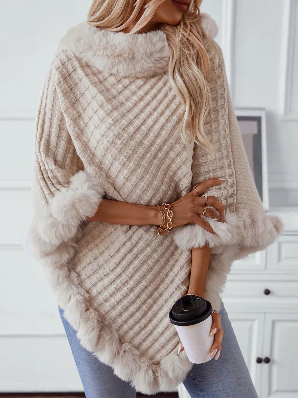 Fuzzy Trim Texture Three - Quarter Sleeve Poncho - Crowned Energy CO.
