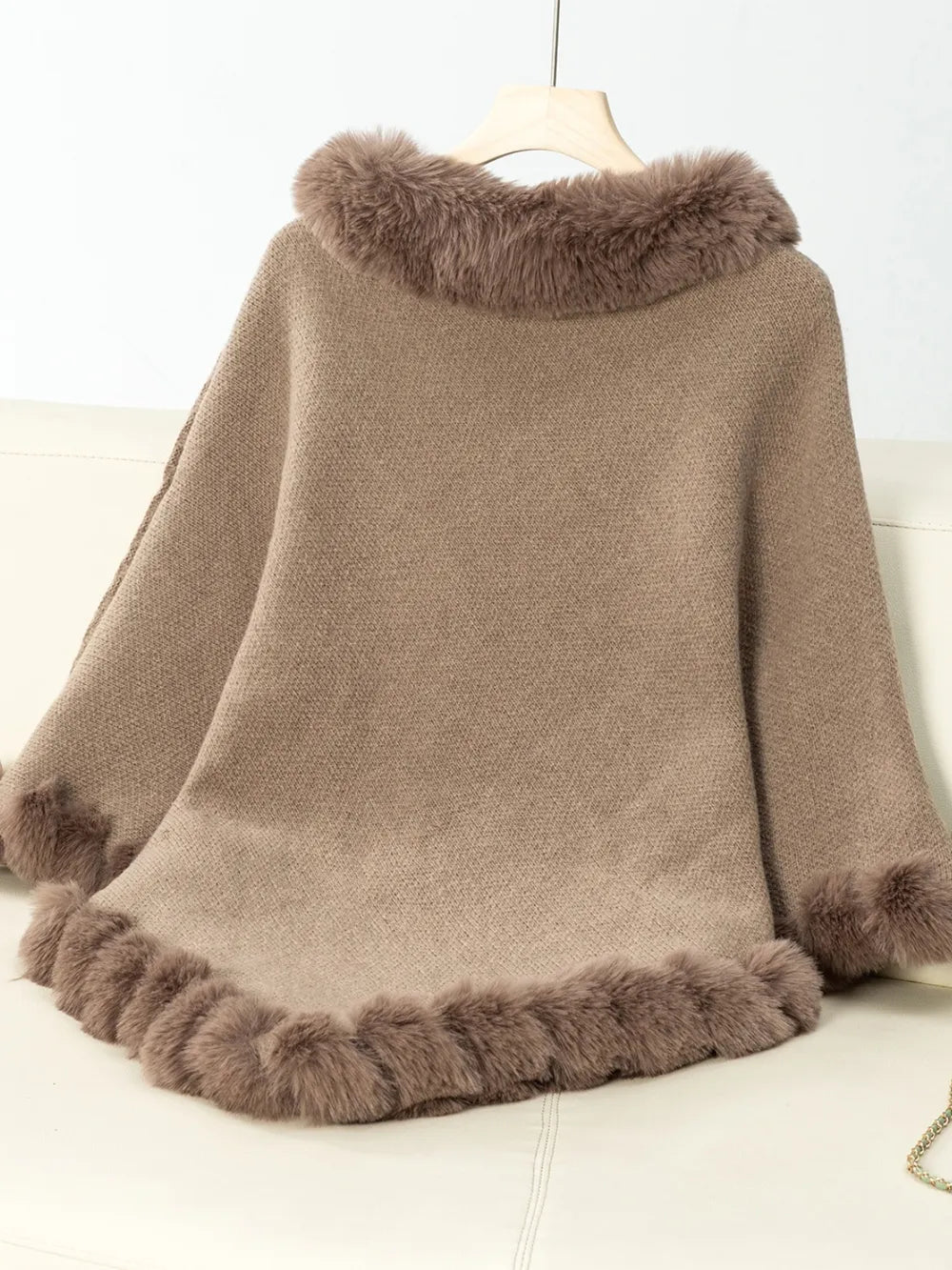 Fuzzy Trim Texture Three - Quarter Sleeve Poncho - Crowned Energy CO.