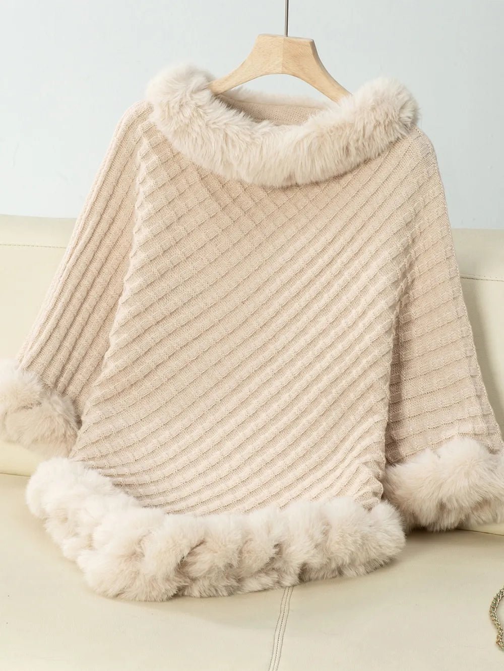 Fuzzy Trim Texture Three - Quarter Sleeve Poncho - Crowned Energy CO.