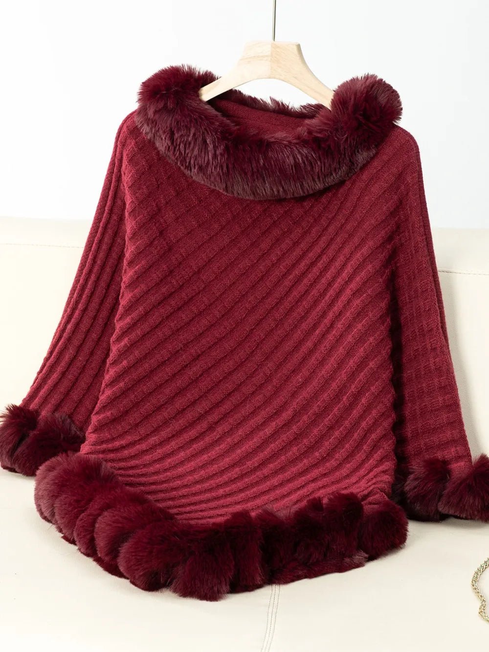 Fuzzy Trim Texture Three - Quarter Sleeve Poncho - Crowned Energy CO.