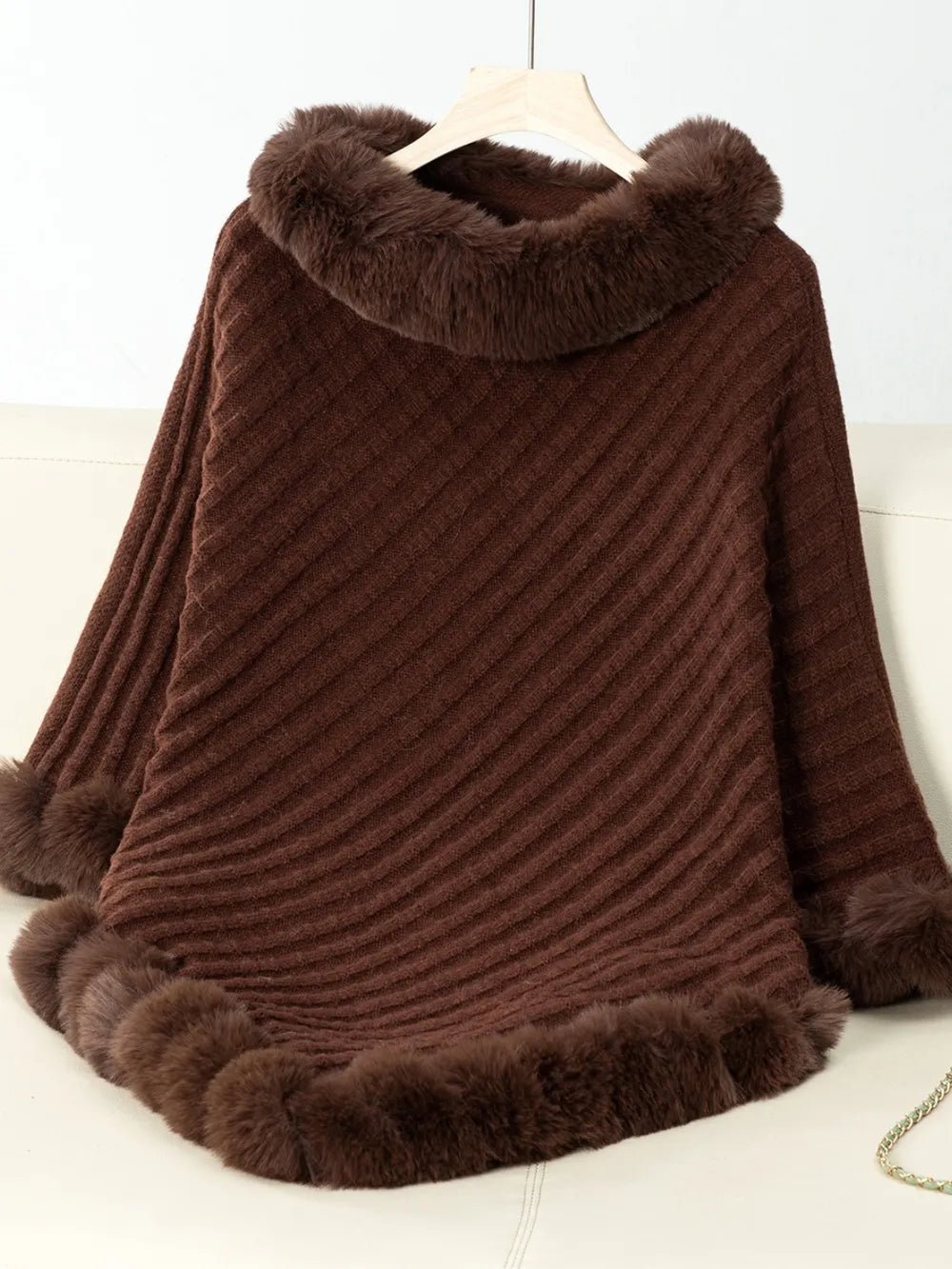 Fuzzy Trim Texture Three - Quarter Sleeve Poncho - Crowned Energy CO.