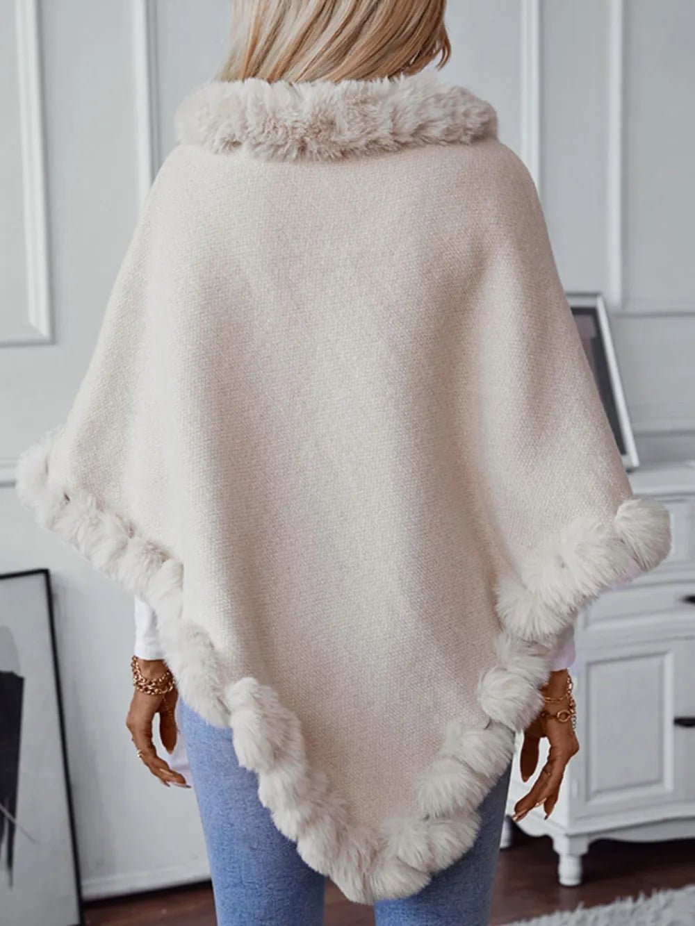 Fuzzy Trim Texture Three - Quarter Sleeve Poncho - Crowned Energy CO.
