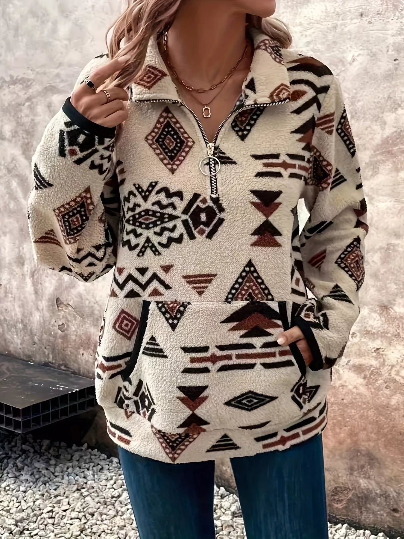 Geometric Half Zip Long Sleeve Sweatshirt - Crowned Energy CO.