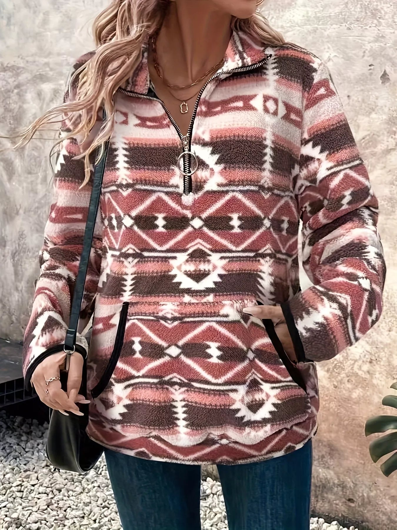 Geometric Half Zip Long Sleeve Sweatshirt - Crowned Energy CO.