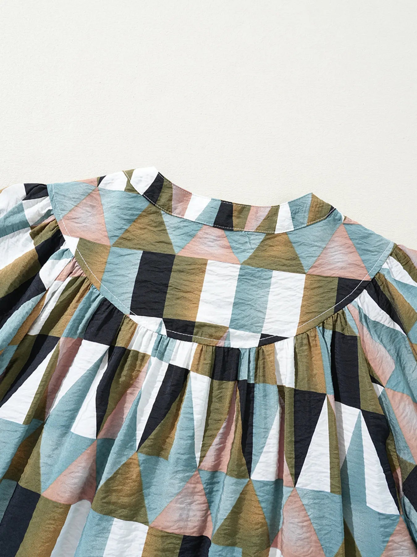 Crowned Energy CO. Multicolor / S Trendsi Tops/Blouses & Shirts Geometric Print Buttoned Balloon Sleeve Loose Fit Shirt