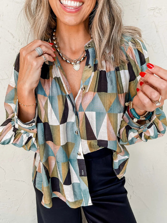 Crowned Energy CO. Multicolor / S Trendsi Tops/Blouses & Shirts Geometric Print Buttoned Balloon Sleeve Loose Fit Shirt