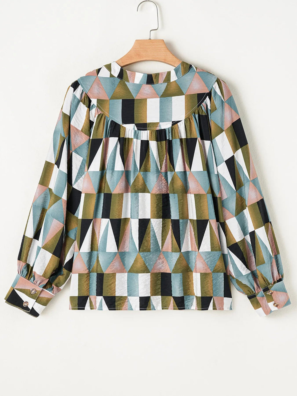 Crowned Energy CO. Multicolor / S Trendsi Tops/Blouses & Shirts Geometric Print Buttoned Balloon Sleeve Loose Fit Shirt