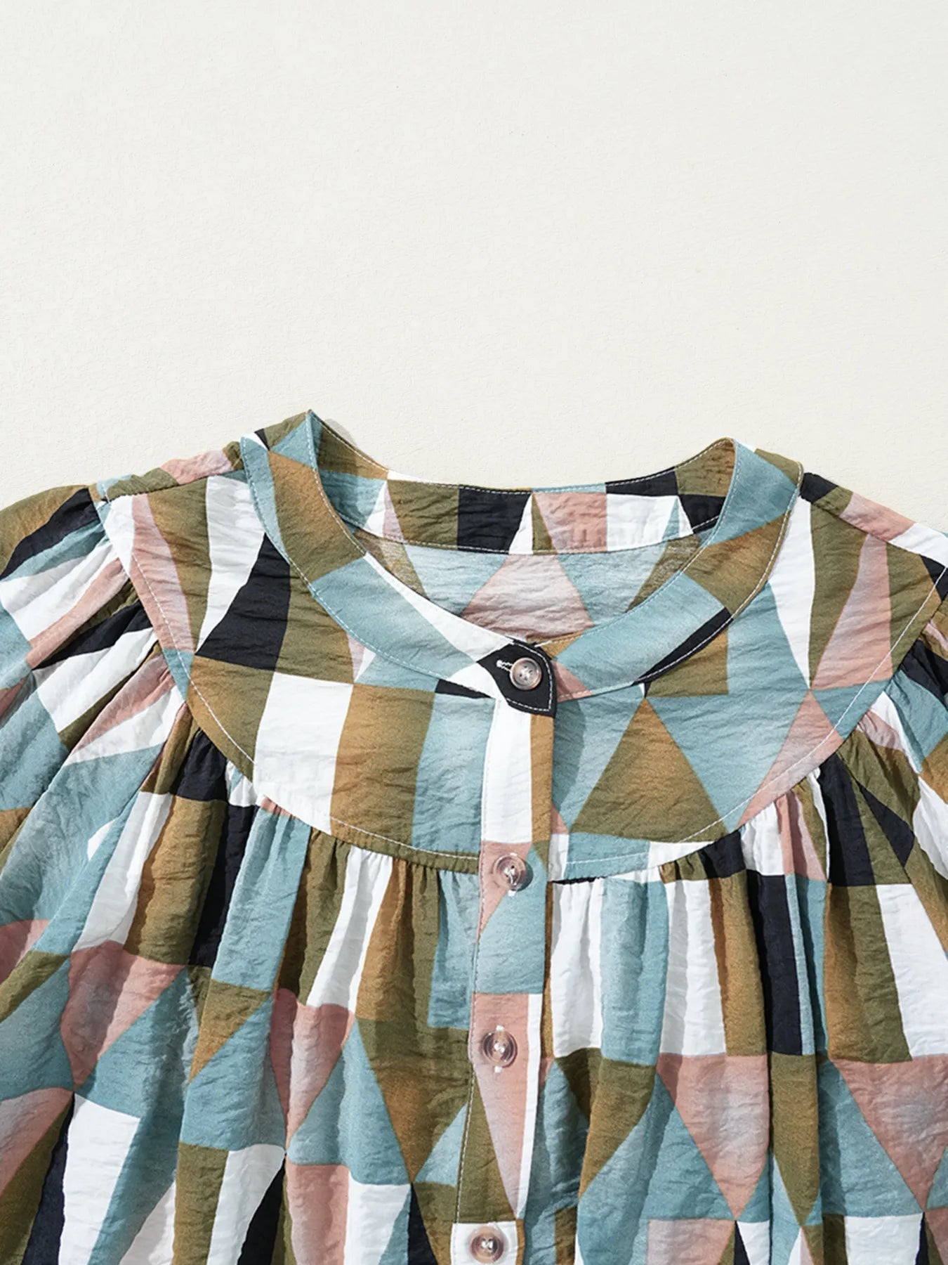 Crowned Energy CO. Multicolor / S Trendsi Tops/Blouses & Shirts Geometric Print Buttoned Balloon Sleeve Loose Fit Shirt