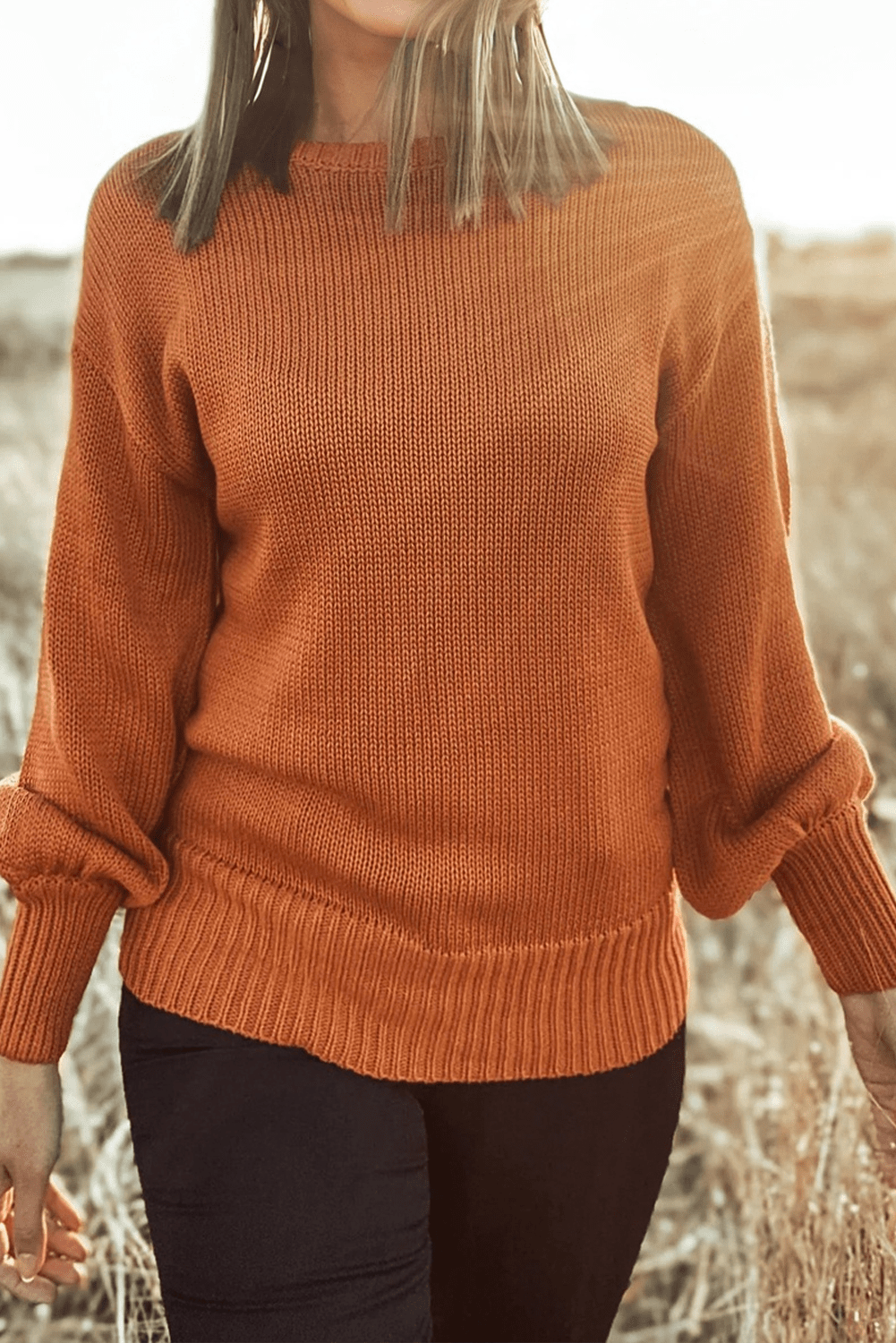 Gold Flame Solid Color Ribbed Trim Drop Shoulder Sweater - Crowned Energy CO.