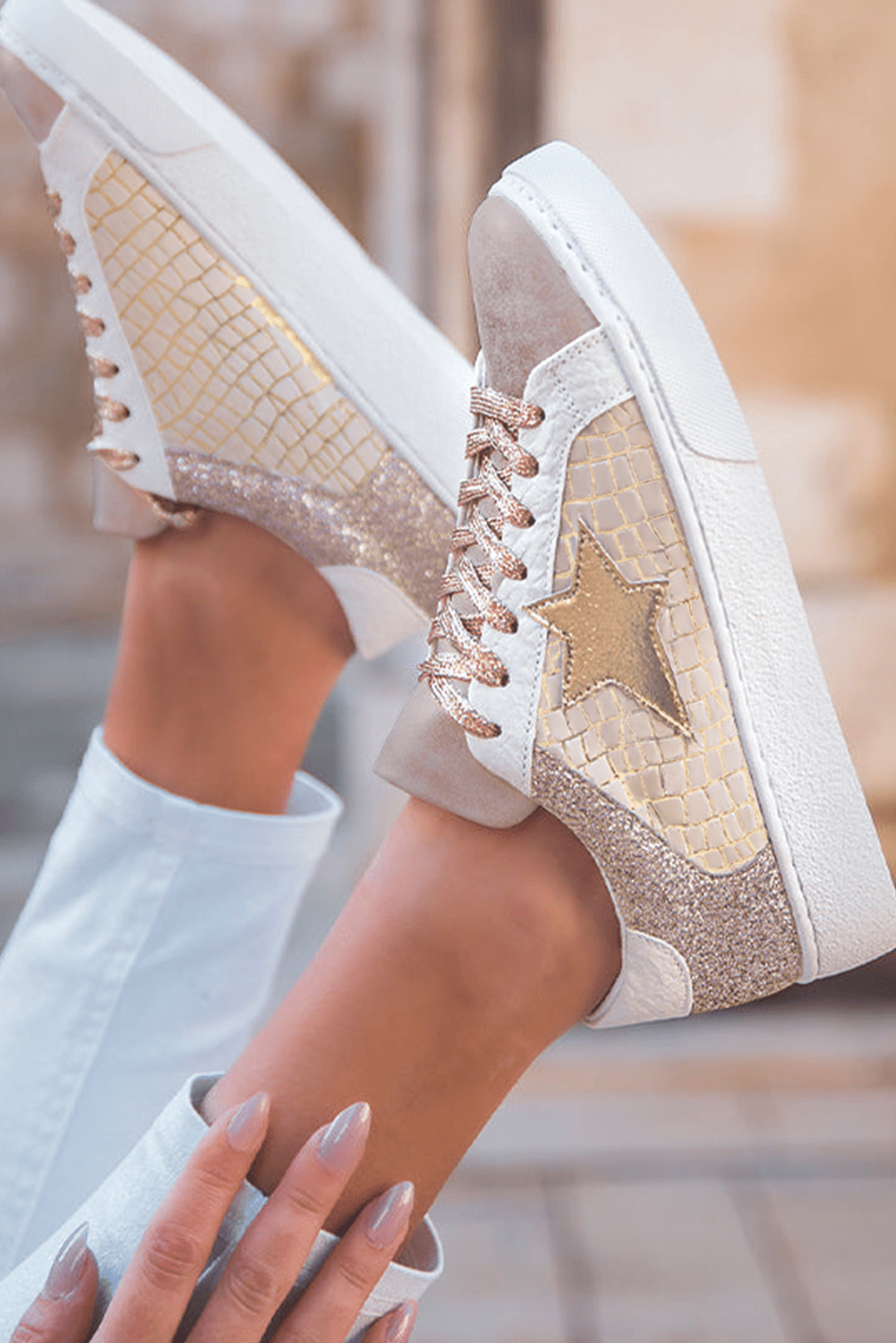 Crowned Energy CO. Gold / 37 / 70%PVC+30%PU Dear-Lover Dropshipping Shoes & Bags/Women's Shoes Gold Glitter Star Patchwork PU Leather Lace-up Sneakers