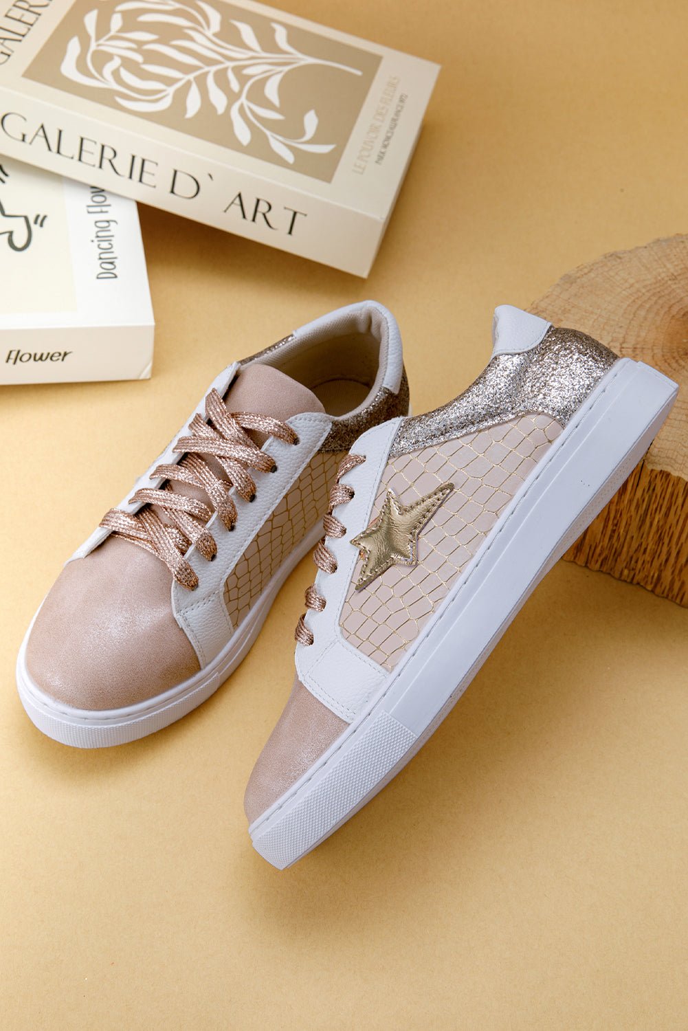 Crowned Energy CO. Gold / 37 / 70%PVC+30%PU Dear-Lover Dropshipping Shoes & Bags/Women's Shoes Gold Glitter Star Patchwork PU Leather Lace-up Sneakers