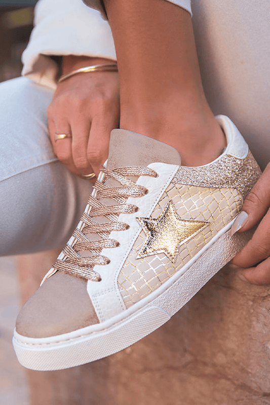 Crowned Energy CO. Gold / 37 / 70%PVC+30%PU Dear-Lover Dropshipping Shoes & Bags/Women's Shoes Gold Glitter Star Patchwork PU Leather Lace-up Sneakers
