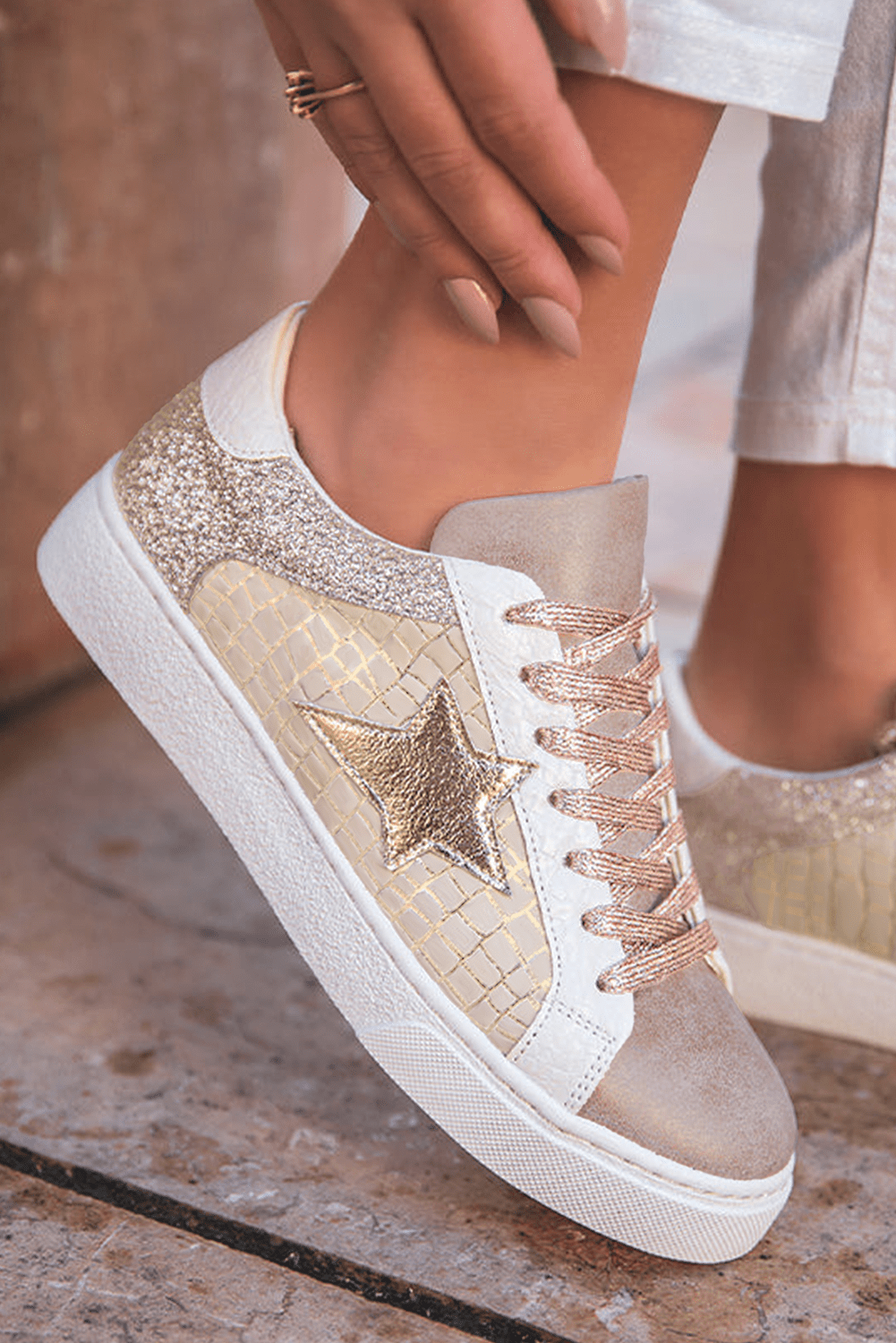 Crowned Energy CO. Gold / 37 / 70%PVC+30%PU Dear-Lover Dropshipping Shoes & Bags/Women's Shoes Gold Glitter Star Patchwork PU Leather Lace-up Sneakers