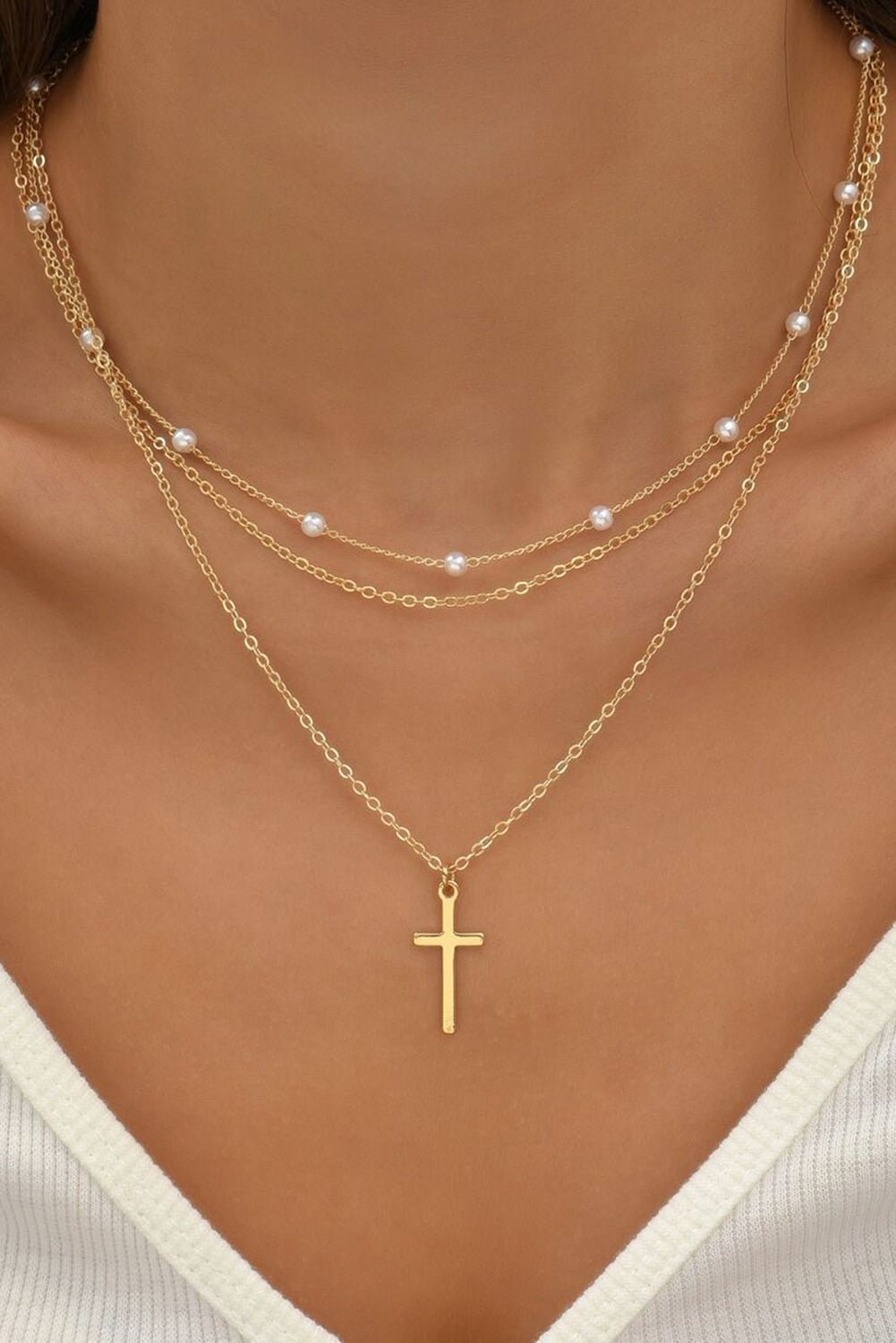 Gold Plated Cross Pendant Pearl Decor Triple Layer Chain Necklace - Crowned Energy CO.
