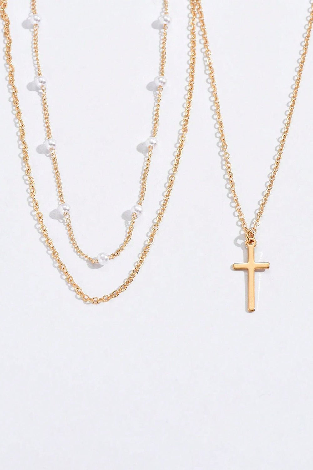 Gold Plated Cross Pendant Pearl Decor Triple Layer Chain Necklace - Crowned Energy CO.