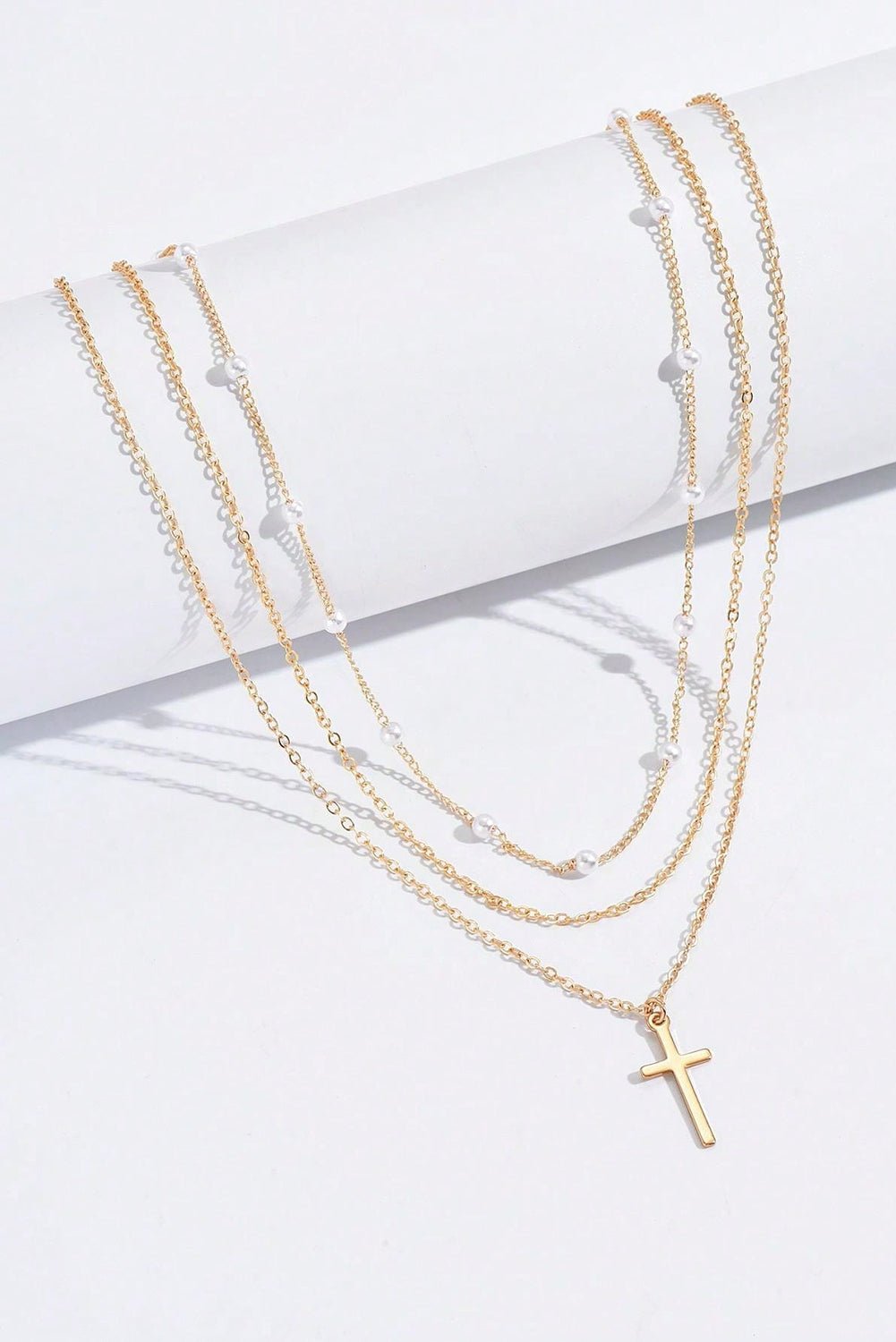 Gold Plated Cross Pendant Pearl Decor Triple Layer Chain Necklace - Crowned Energy CO.