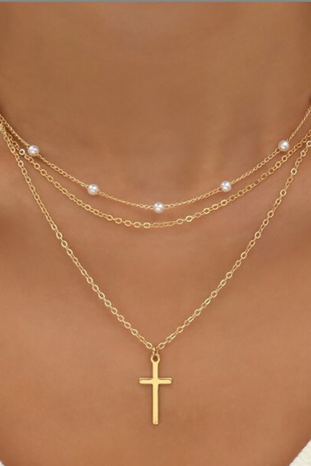 Gold Plated Cross Pendant Pearl Decor Triple Layer Chain Necklace - Crowned Energy CO.