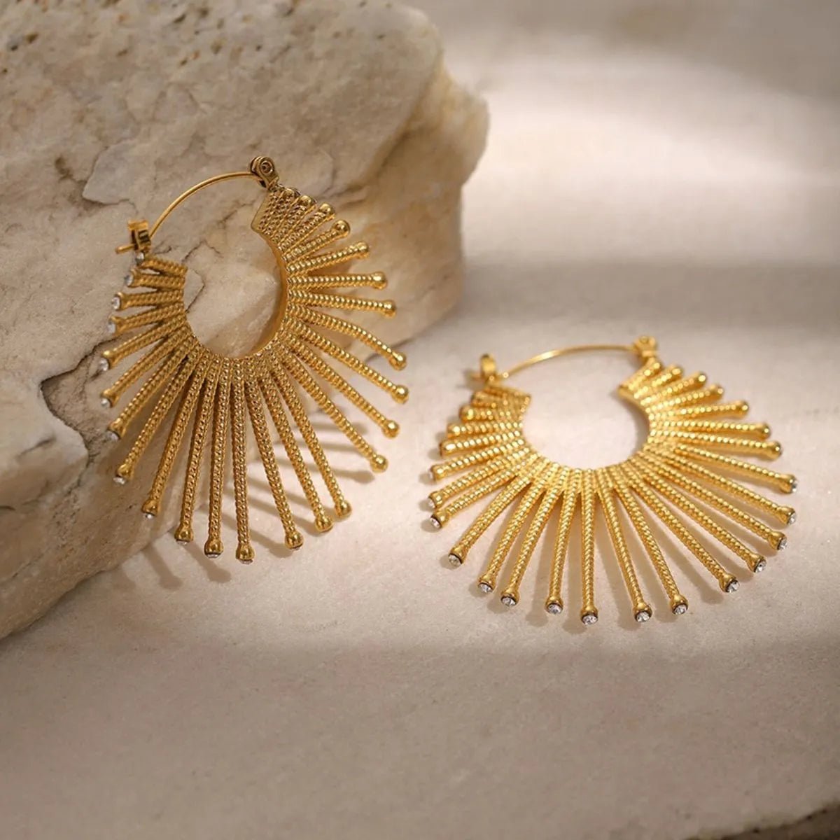 Golden Sunburst Fan Hoop Earrings - Crowned Energy CO.