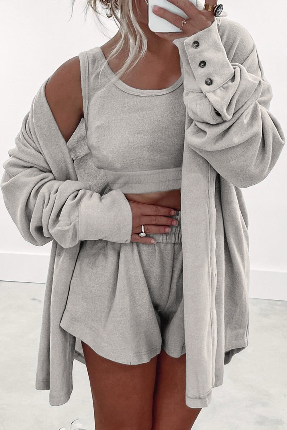 Crowned Energy CO. Gray / S / 75%Polyester+20%Viscose+5%Elastane Dear-Lover Dropshipping Loungewear & Sleepwear/Loungewear Gray 3 Pcs Crop Tank Top Shorts with Cardigan Lounge Set