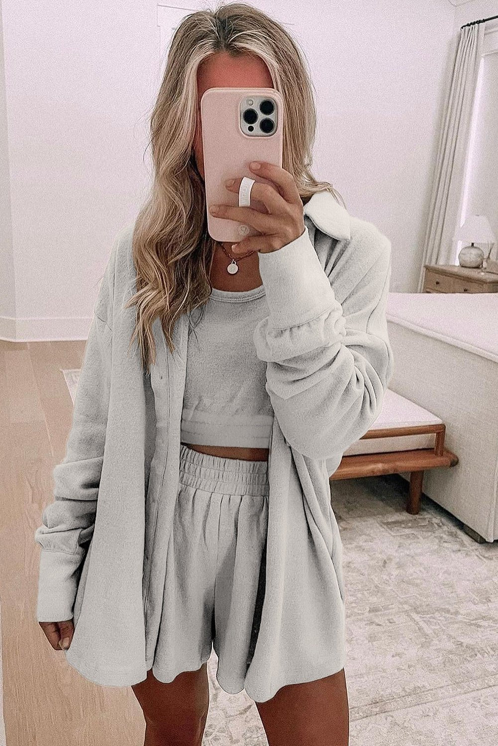 Crowned Energy CO. Gray / S / 75%Polyester+20%Viscose+5%Elastane Dear-Lover Dropshipping Loungewear & Sleepwear/Loungewear Gray 3 Pcs Crop Tank Top Shorts with Cardigan Lounge Set