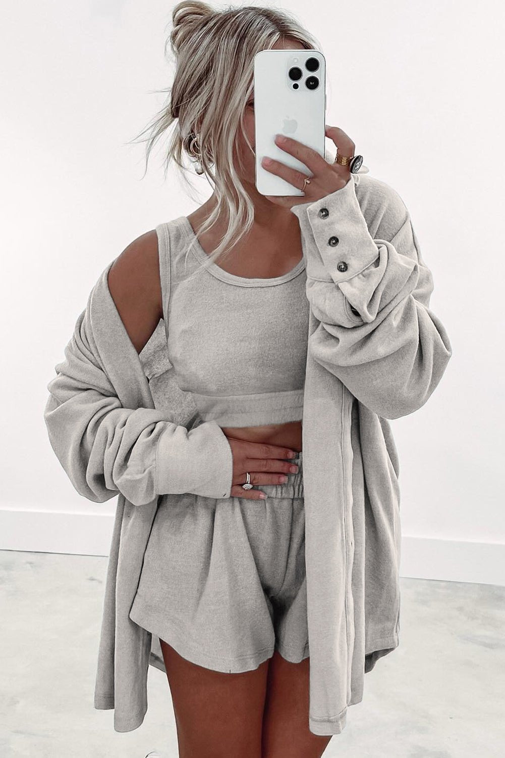 Crowned Energy CO. Gray / S / 75%Polyester+20%Viscose+5%Elastane Dear-Lover Dropshipping Loungewear & Sleepwear/Loungewear Gray 3 Pcs Crop Tank Top Shorts with Cardigan Lounge Set