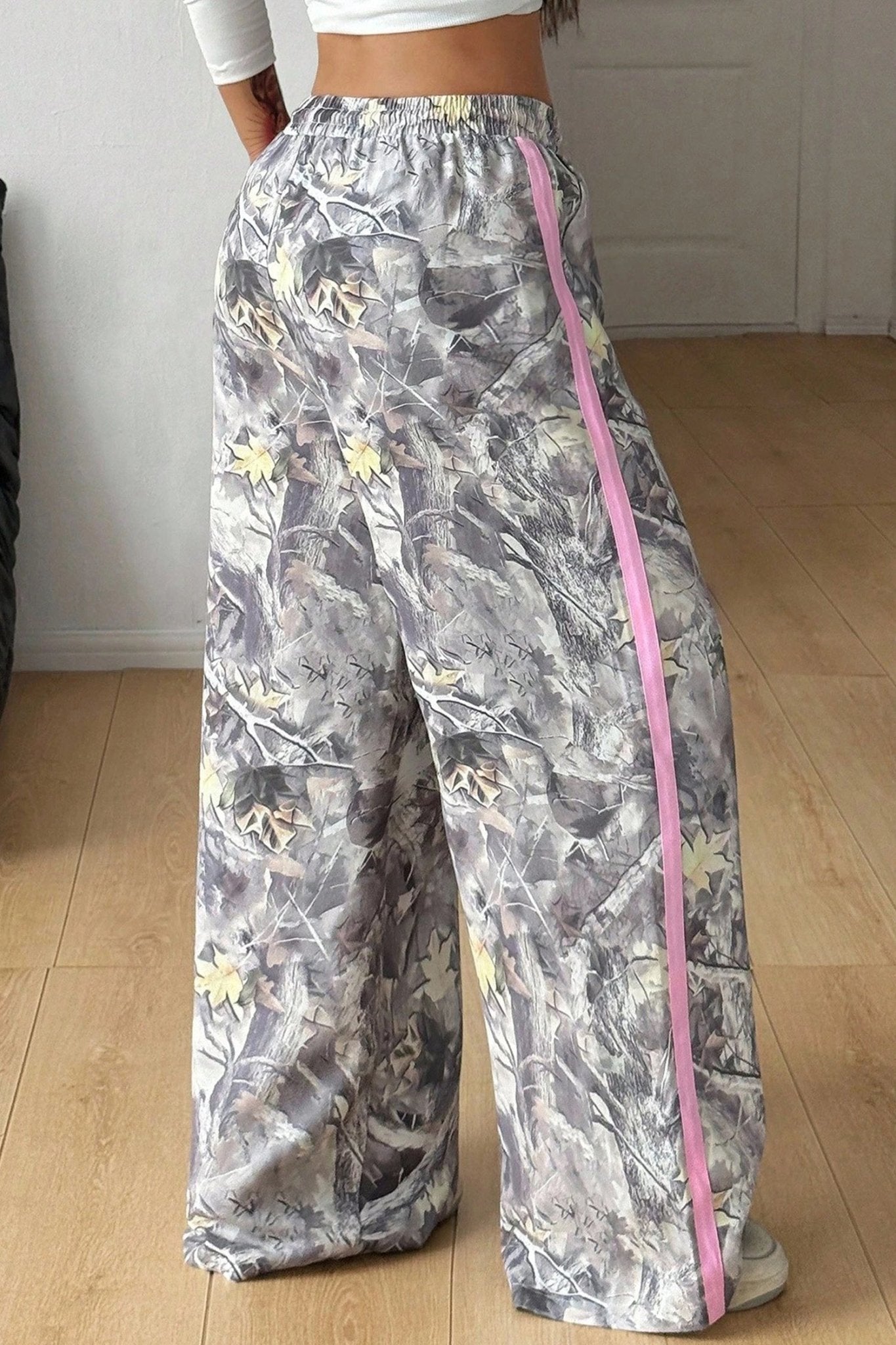 Gray Camo Woodland Print Color Block Detail Drawstring Wide Leg Sweatpants - Crowned Energy CO.