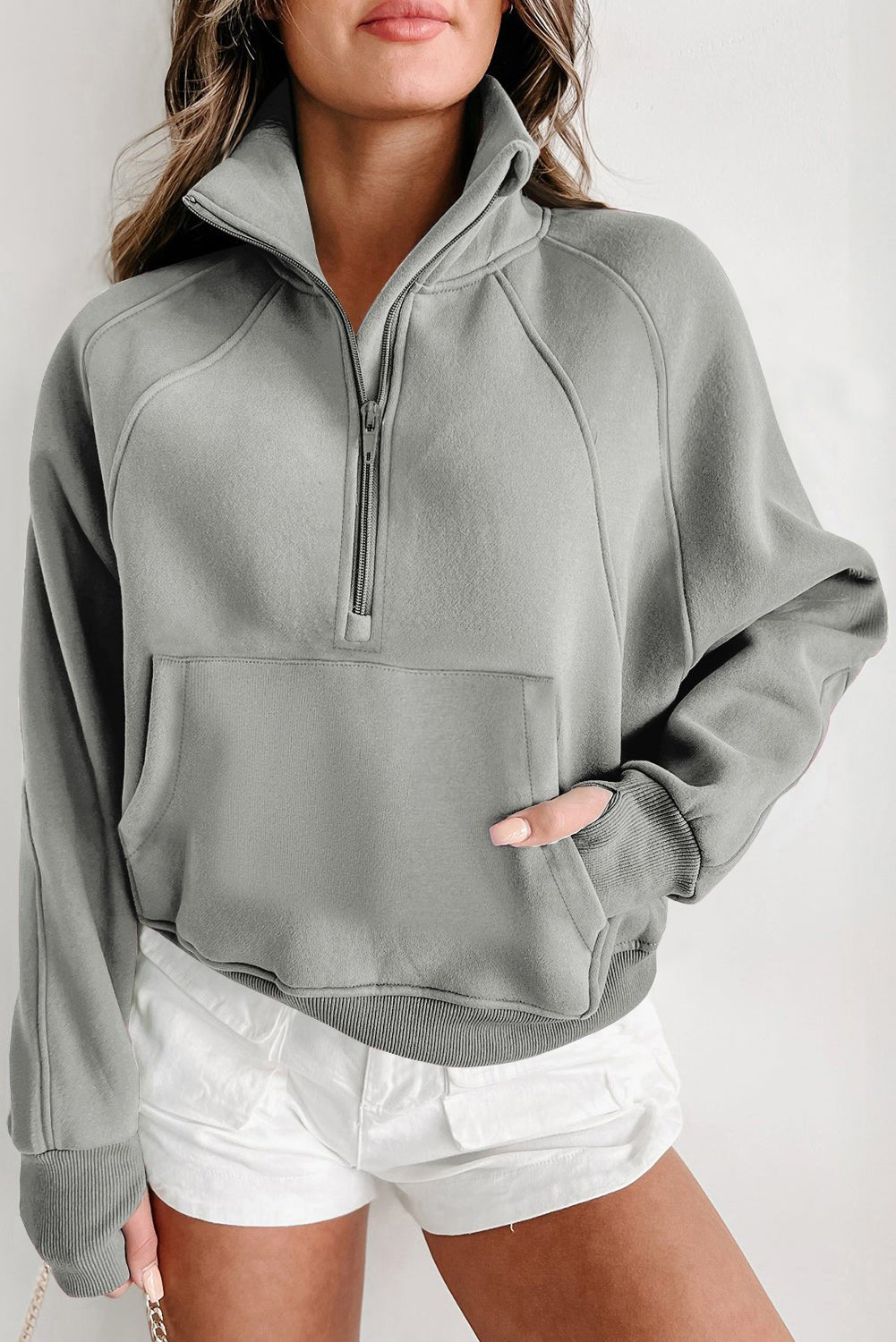 Crowned Energy CO. Gray / S / 50%Polyester+50%Cotton Dear-Lover Dropshipping Tops/Sweatshirts & Hoodies Gray Fleece Lined Zip Up Stand Collar Thumbhole Sleeve Sweatshirt