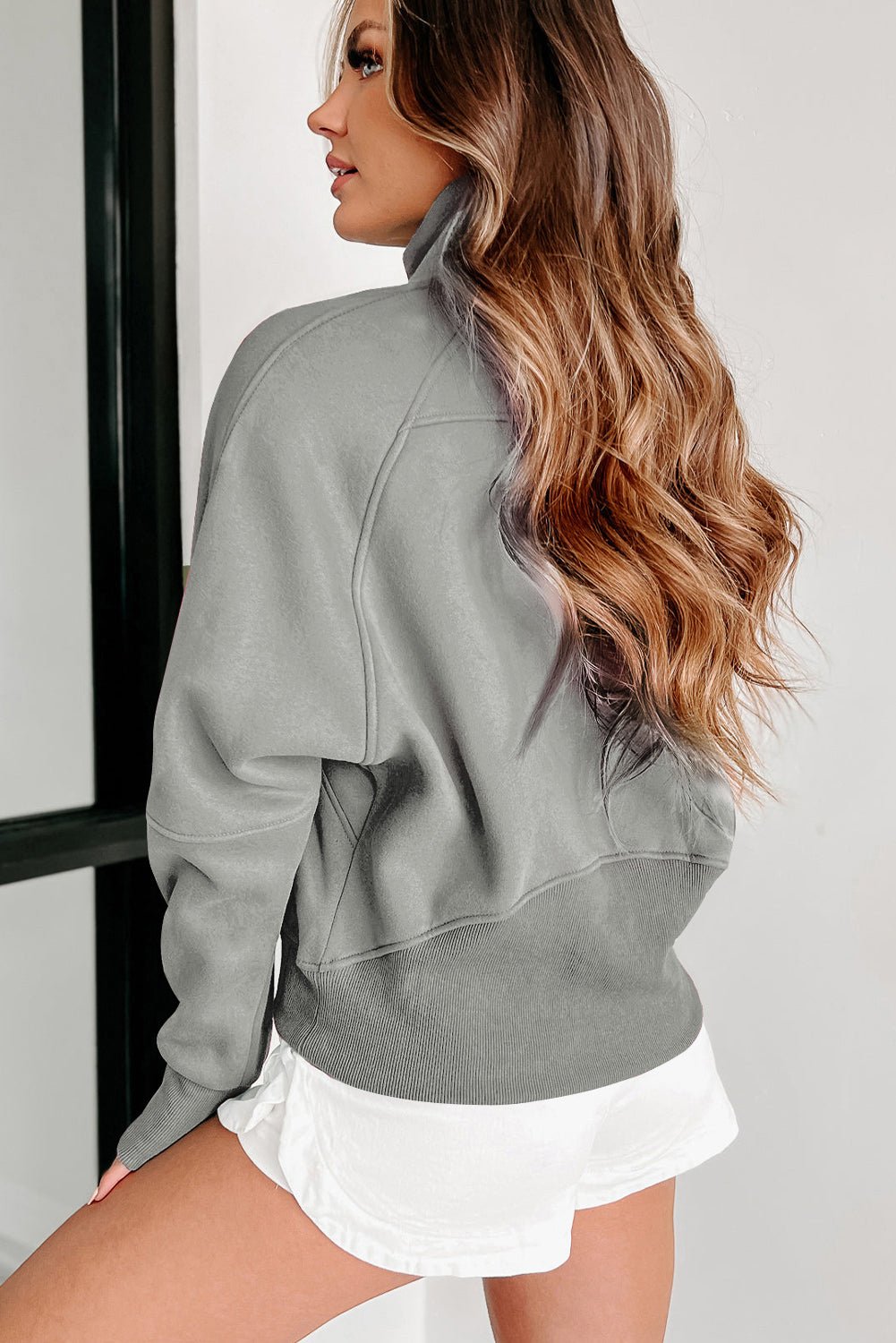 Crowned Energy CO. Gray / S / 50%Polyester+50%Cotton Dear-Lover Dropshipping Tops/Sweatshirts & Hoodies Gray Fleece Lined Zip Up Stand Collar Thumbhole Sleeve Sweatshirt