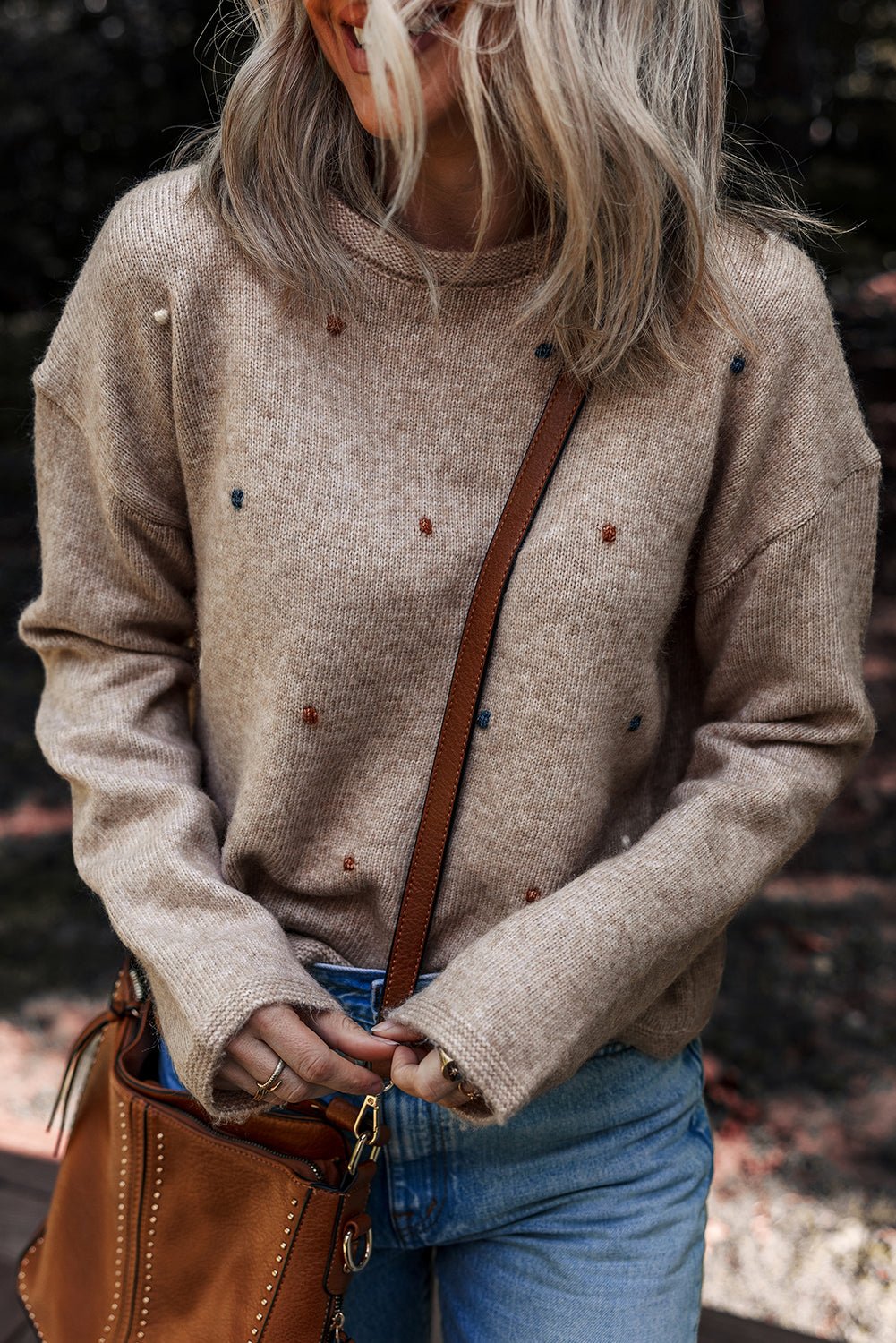 Gray Morn Contrast Colored Dot Detail Drop Shoulder Sweater - Crowned Energy CO.