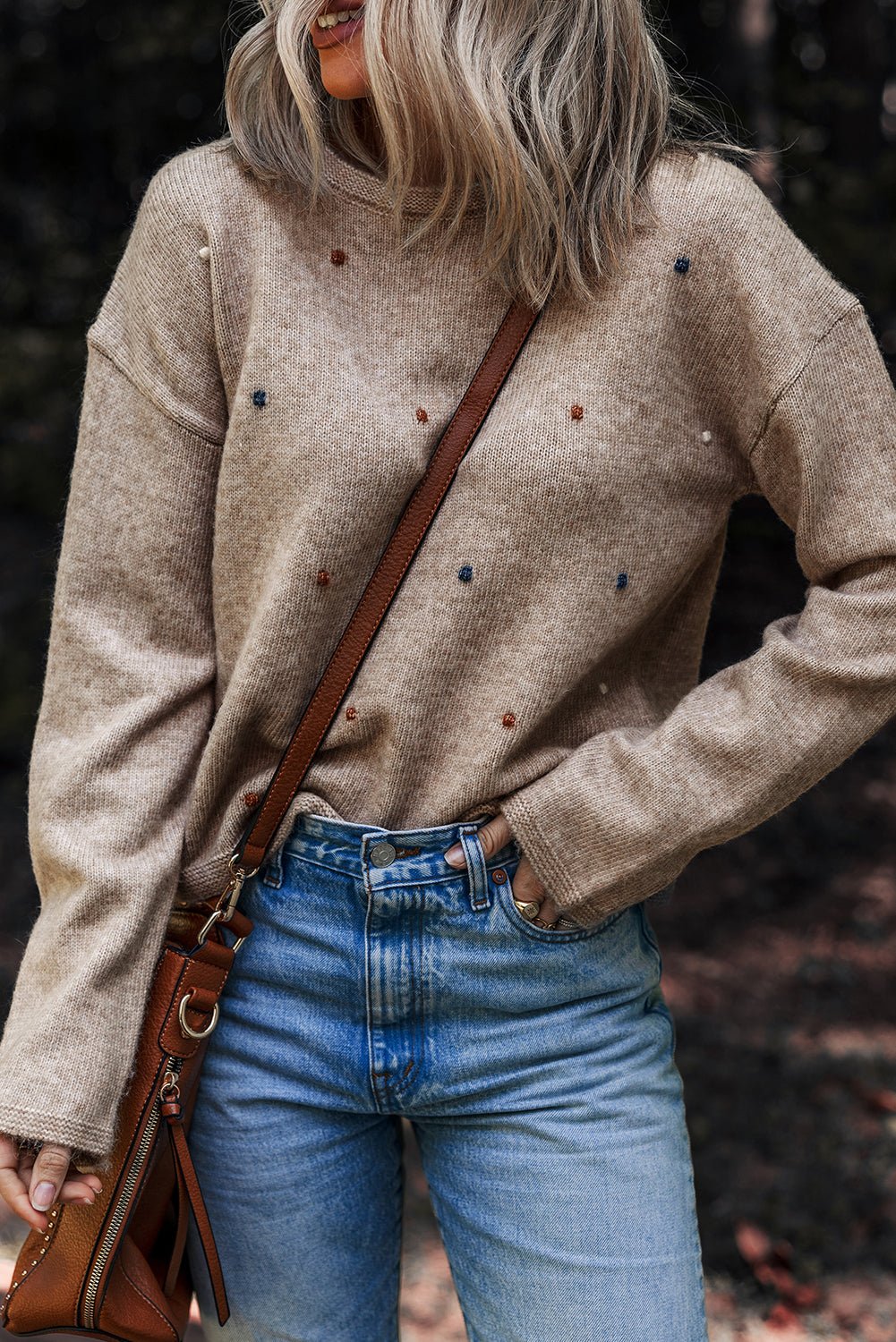 Gray Morn Contrast Colored Dot Detail Drop Shoulder Sweater - Crowned Energy CO.