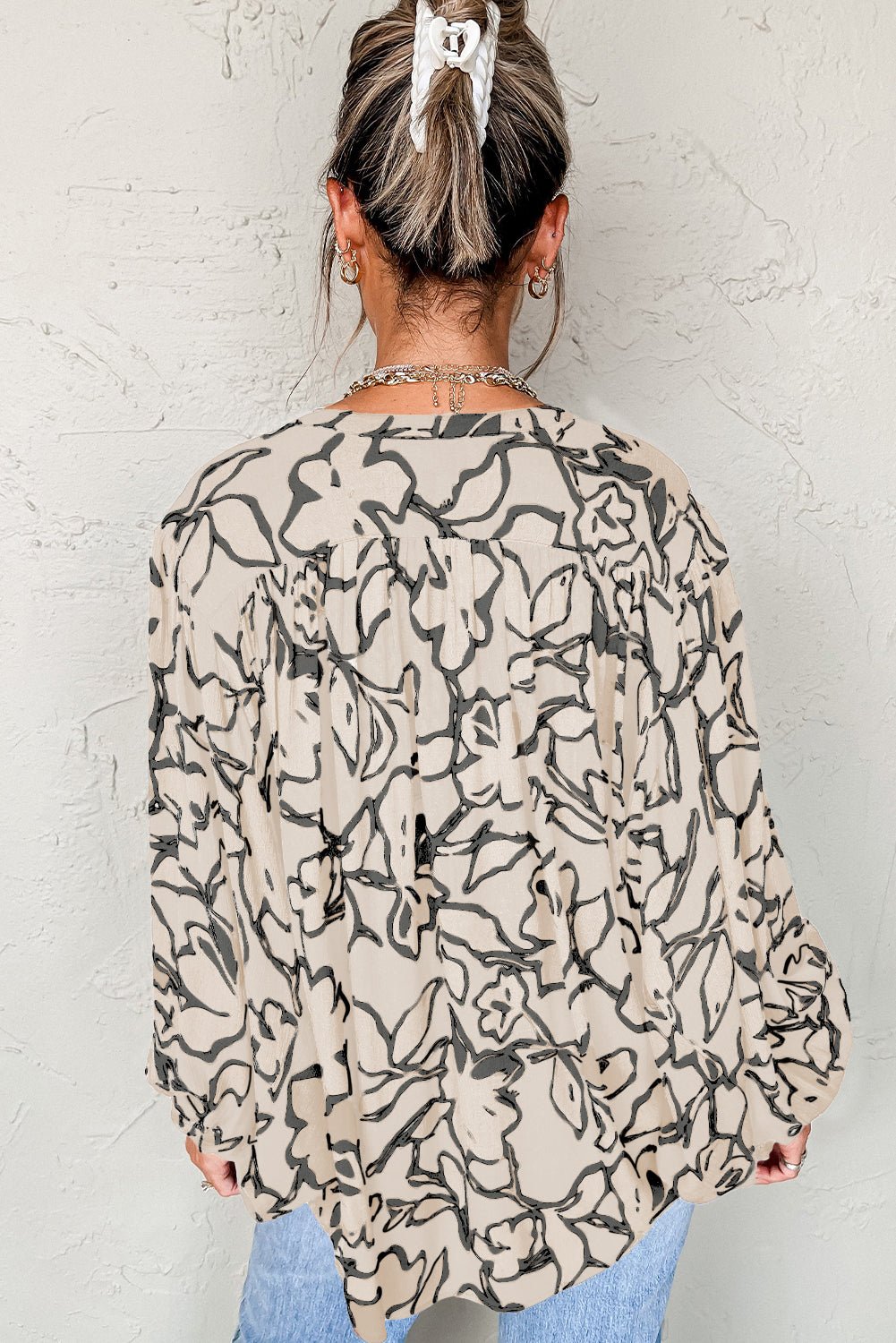 Gray Morn Floral Print Batwing Sleeve Buttoned Loose Fit Shirt - Crowned Energy CO.