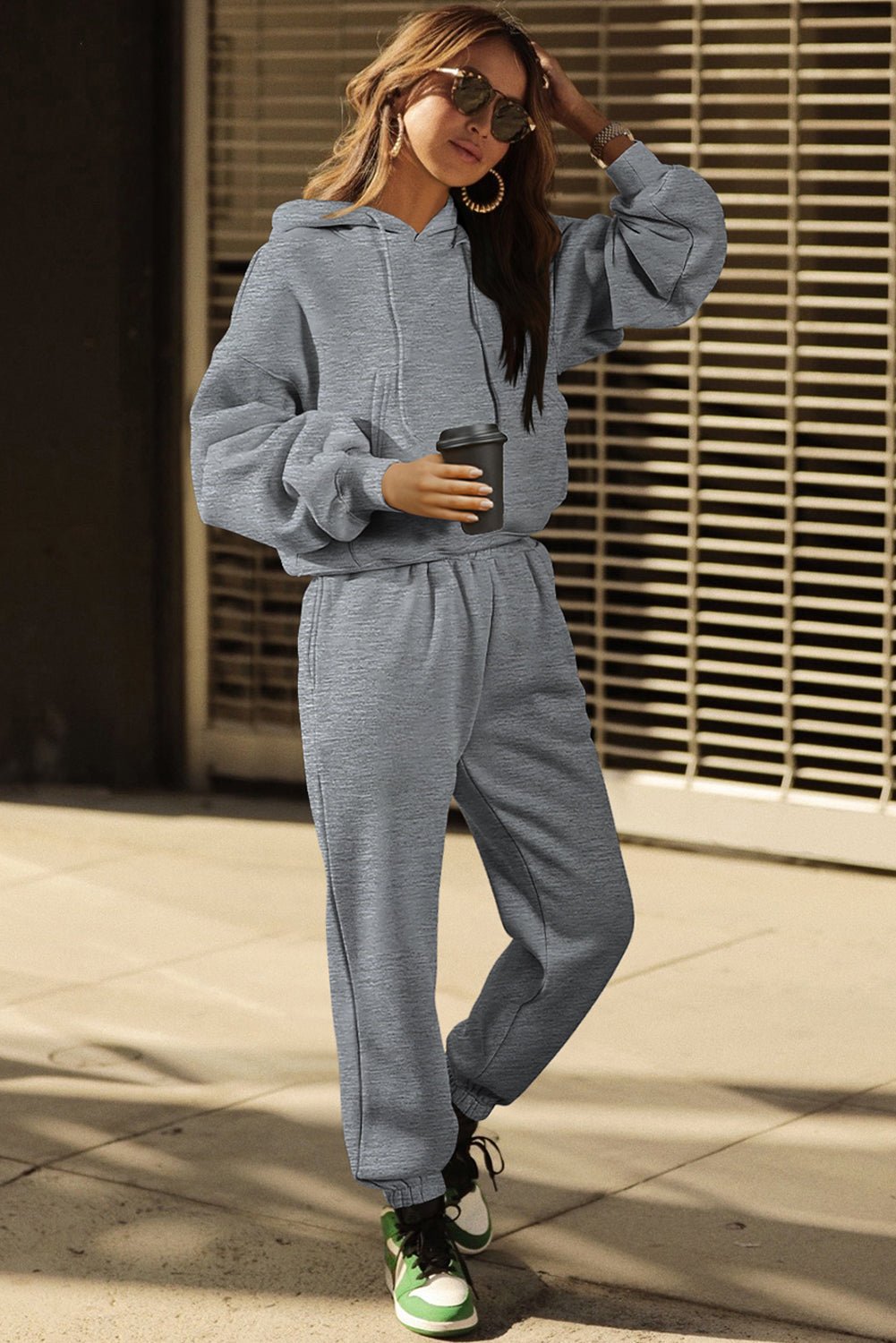 Crowned Energy CO. Gray / S / 50%Polyester+50%Cotton Dear-Lover Dropshipping Activewear/Activewear Sets Gray Solid Drop Shoulder Hoodie and Joggers Activewear Set