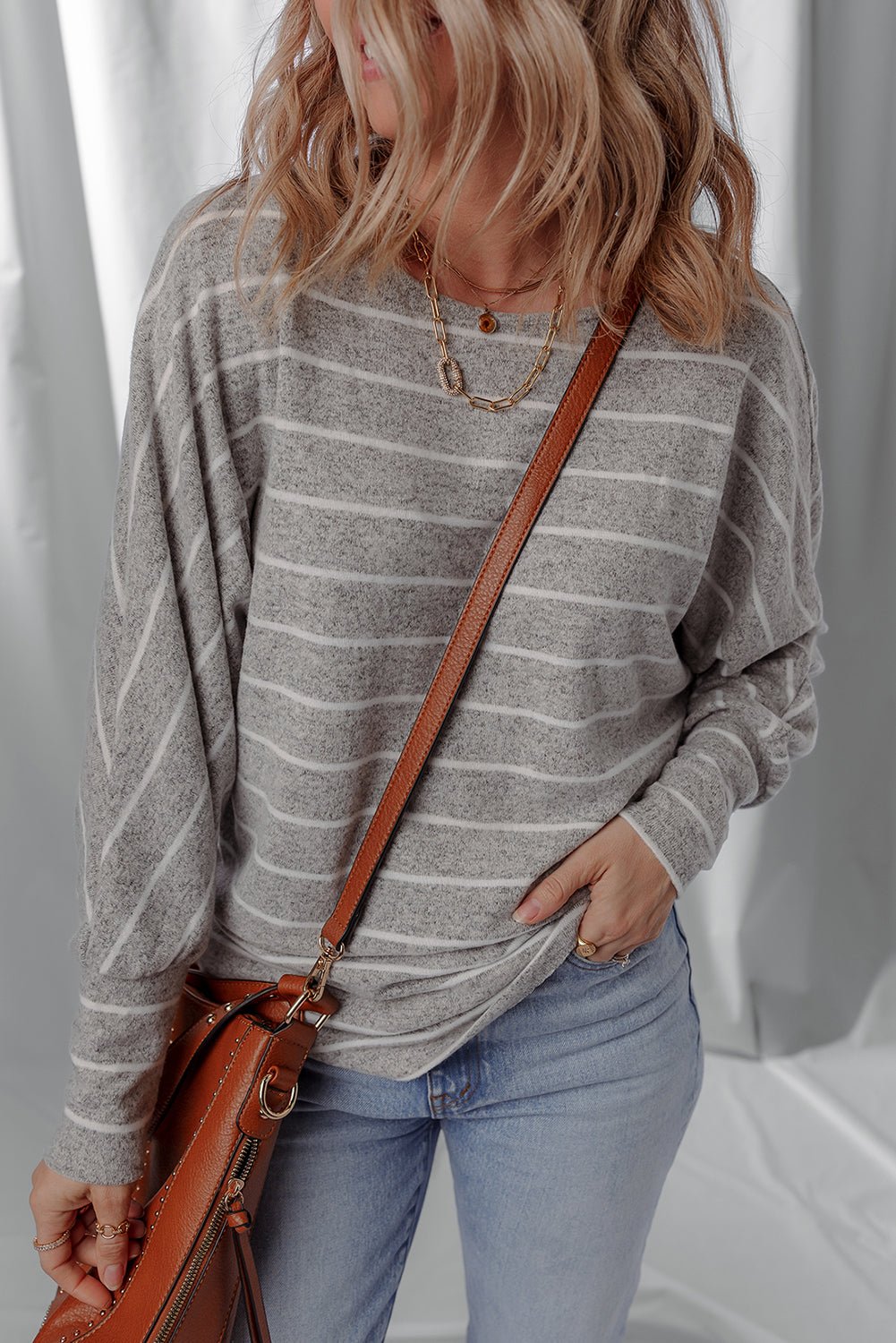 Gray Stripe Dolman Sleeve Drop Shoulder Top - Goddess Vibes