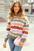 Gray Wave Striped Balloon Sleeve Drop Shoulder Sweater - Crowned Energy CO.